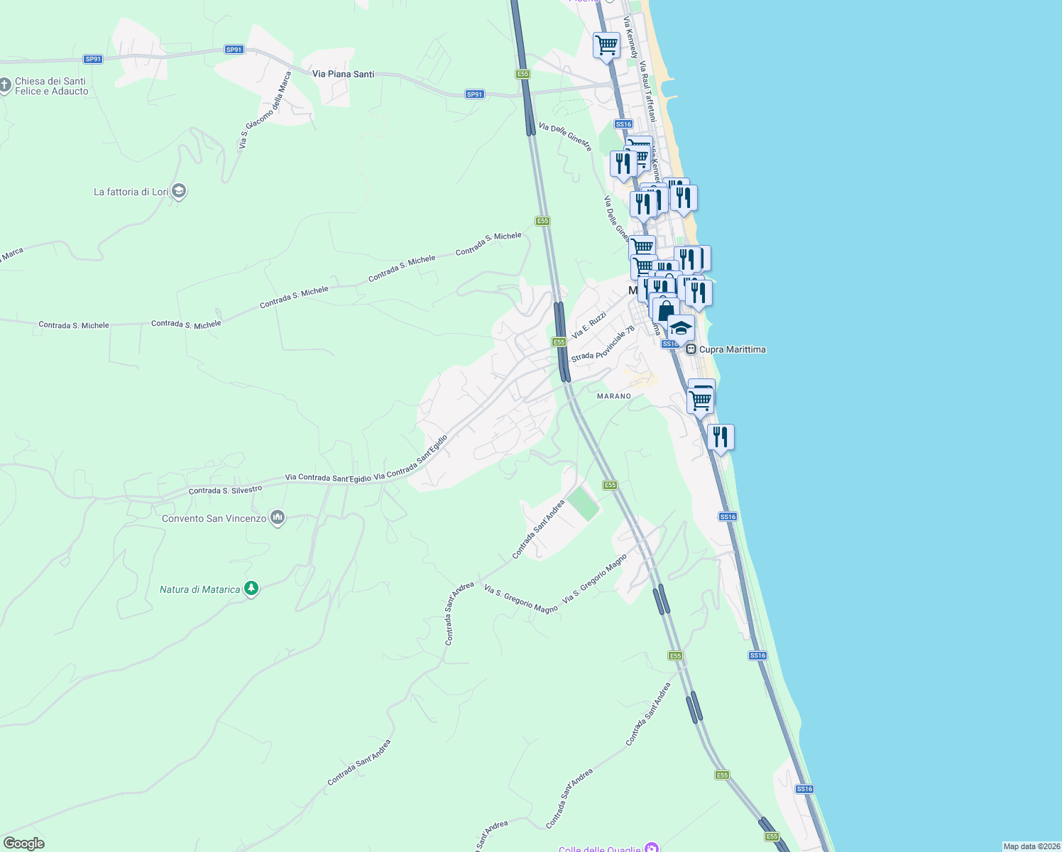 map of restaurants, bars, coffee shops, grocery stores, and more near 26 Via Marche in Cupra Marittima