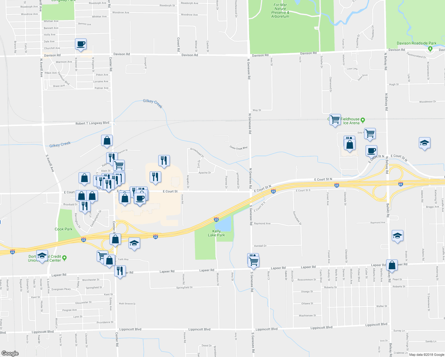 map of restaurants, bars, coffee shops, grocery stores, and more near 1051 Pawnee Drive in Burton