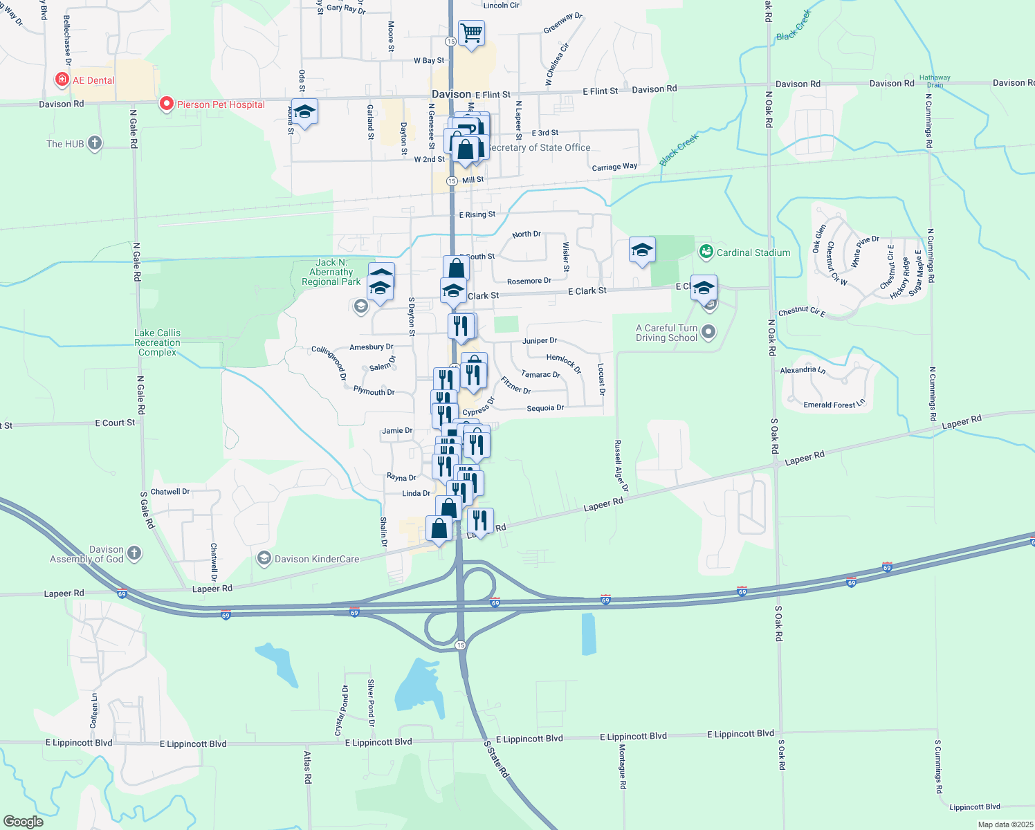 map of restaurants, bars, coffee shops, grocery stores, and more near 304 Sequoia Dr in Davison