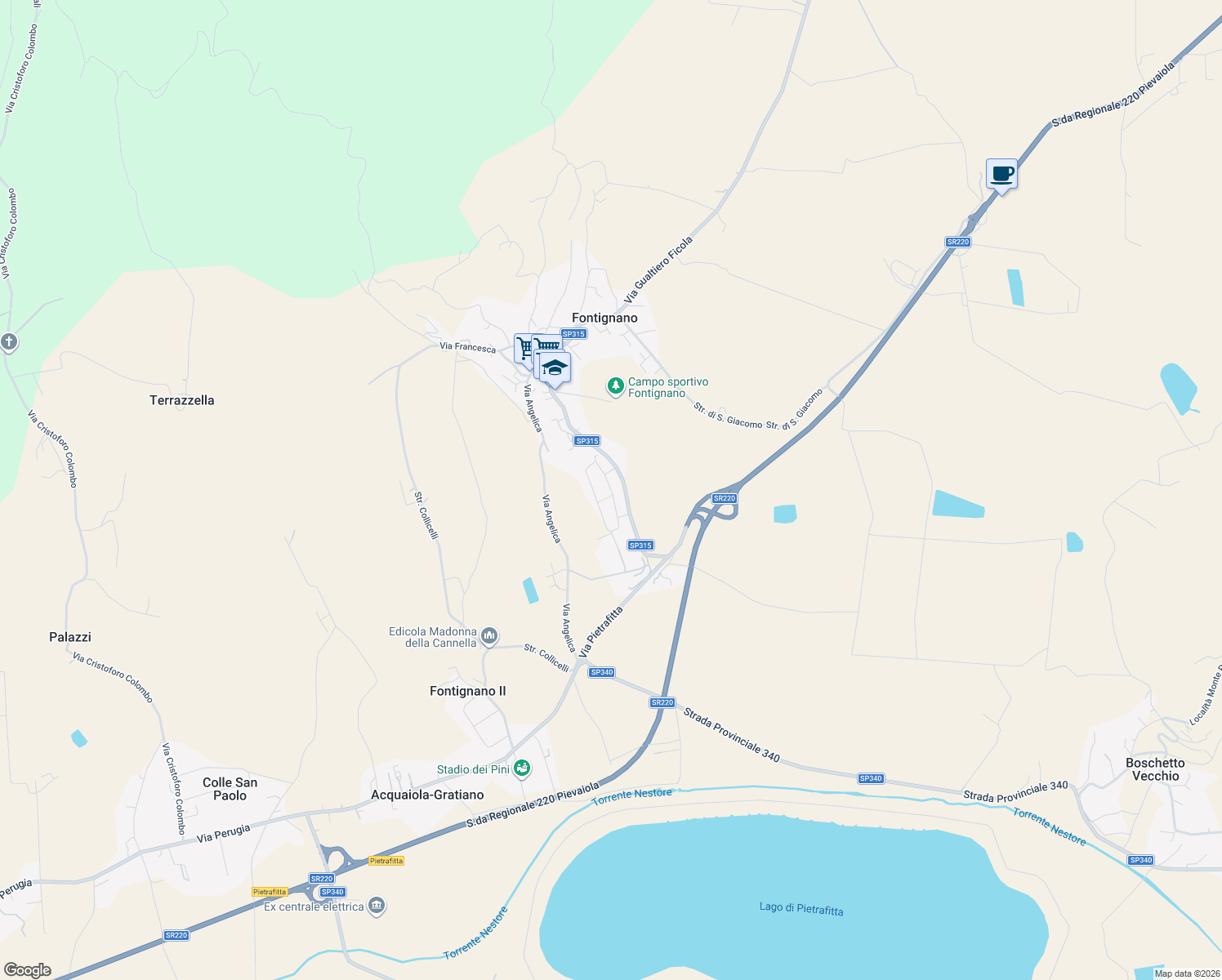 map of restaurants, bars, coffee shops, grocery stores, and more near Via Fonte Luna in Fontignano