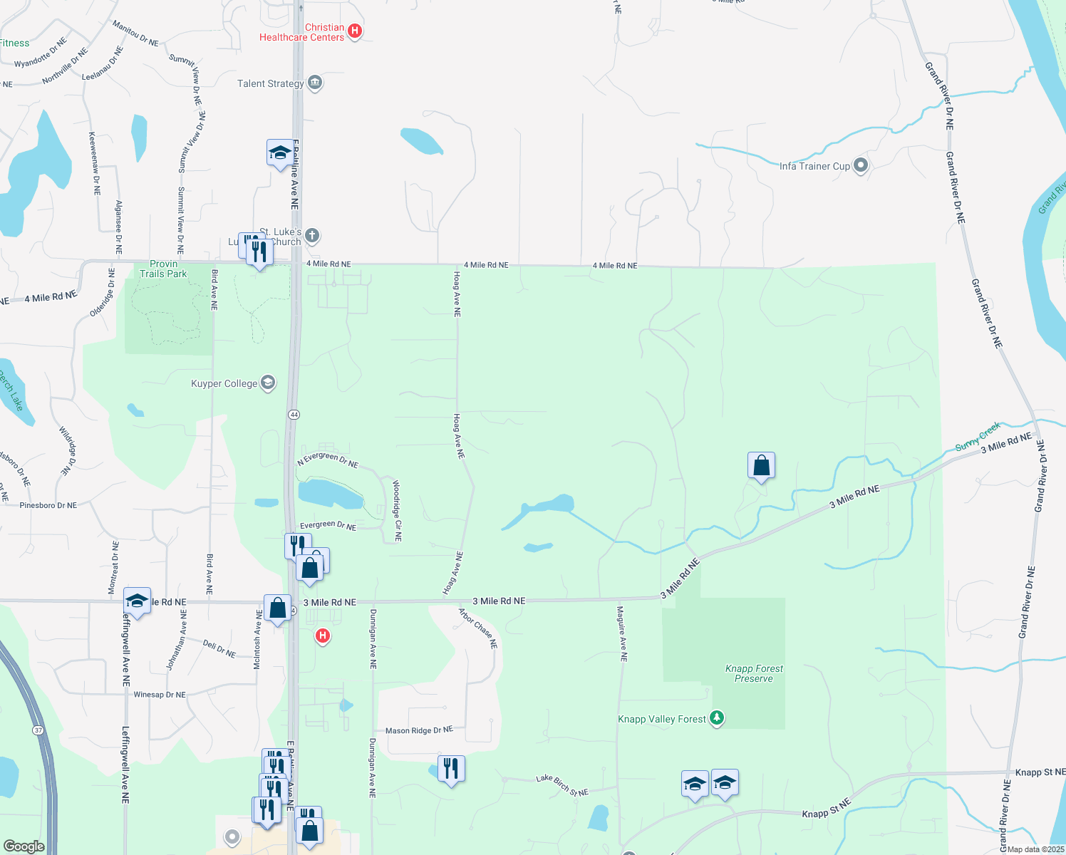 map of restaurants, bars, coffee shops, grocery stores, and more near 3740 Walnut Springs Drive Northeast in Grand Rapids