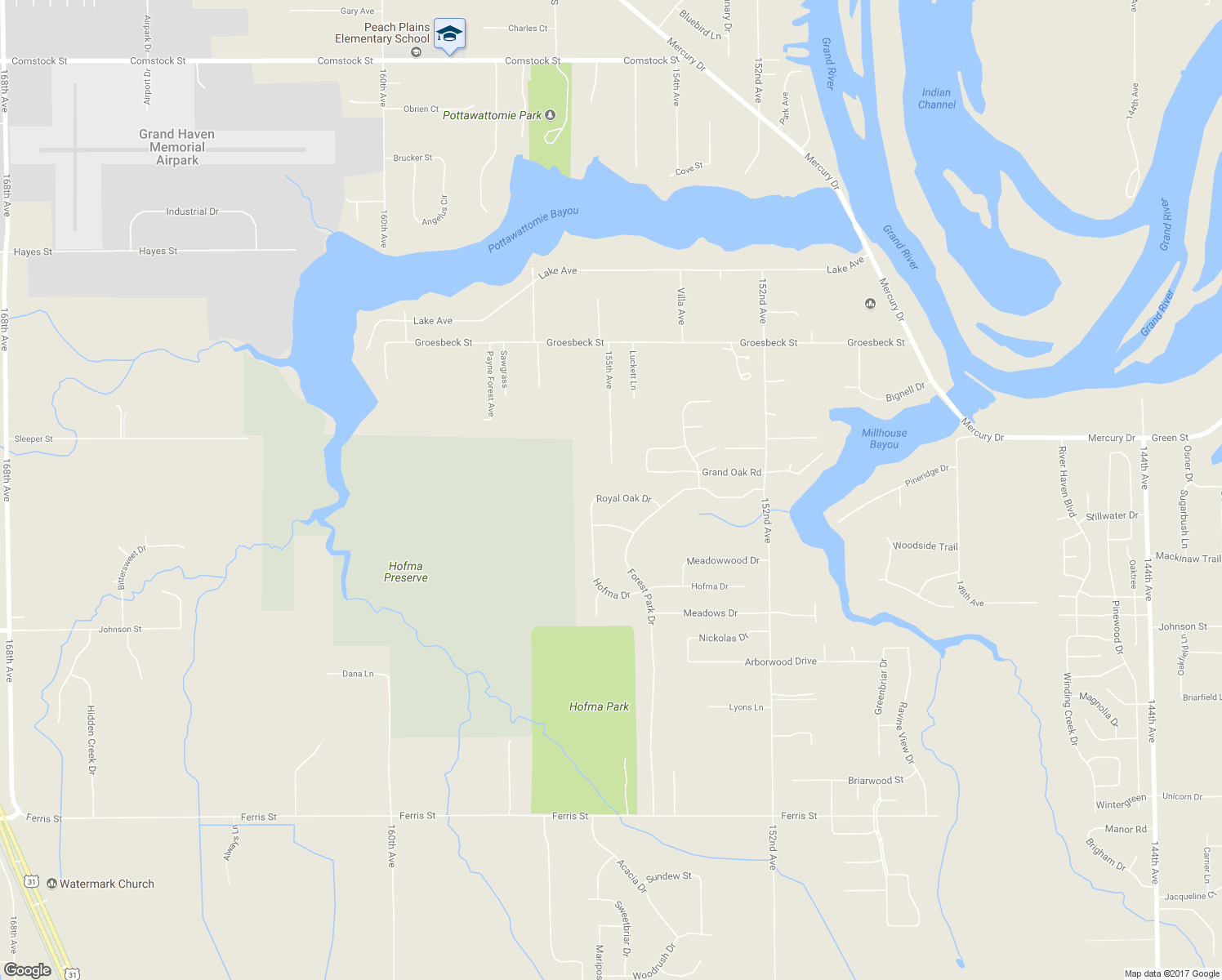 map of restaurants, bars, coffee shops, grocery stores, and more near 15515 Royal Oak Drive in Grand Haven