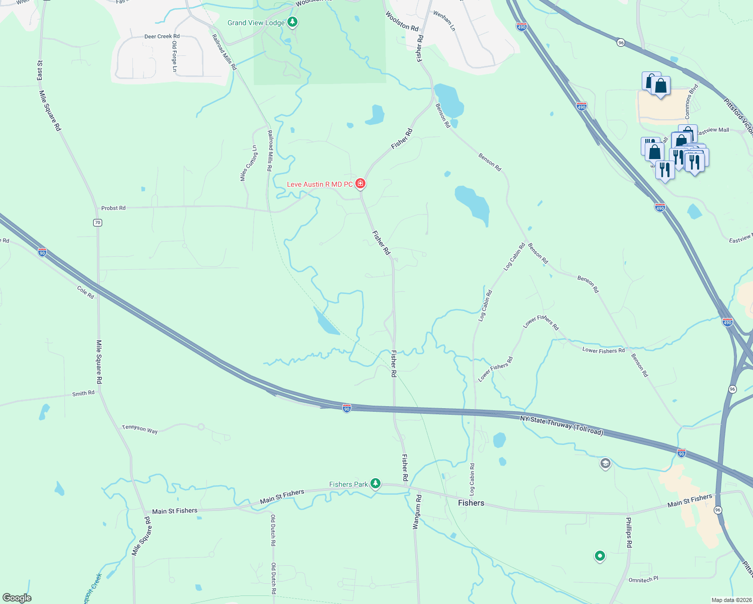 map of restaurants, bars, coffee shops, grocery stores, and more near 364 Fisher Road in Ontario County