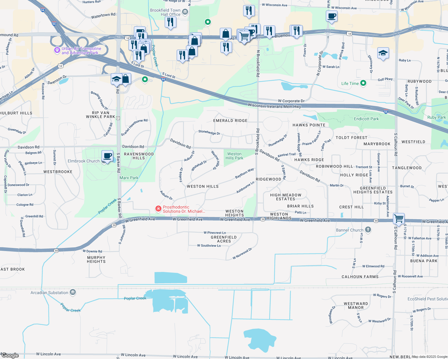 map of restaurants, bars, coffee shops, grocery stores, and more near 19180 Baythorn Way in Brookfield