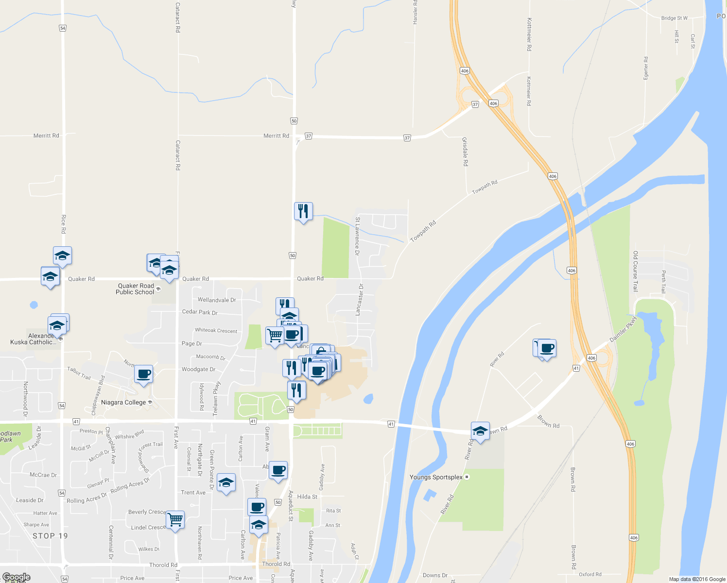 map of restaurants, bars, coffee shops, grocery stores, and more near 6 Madison Court East in Welland