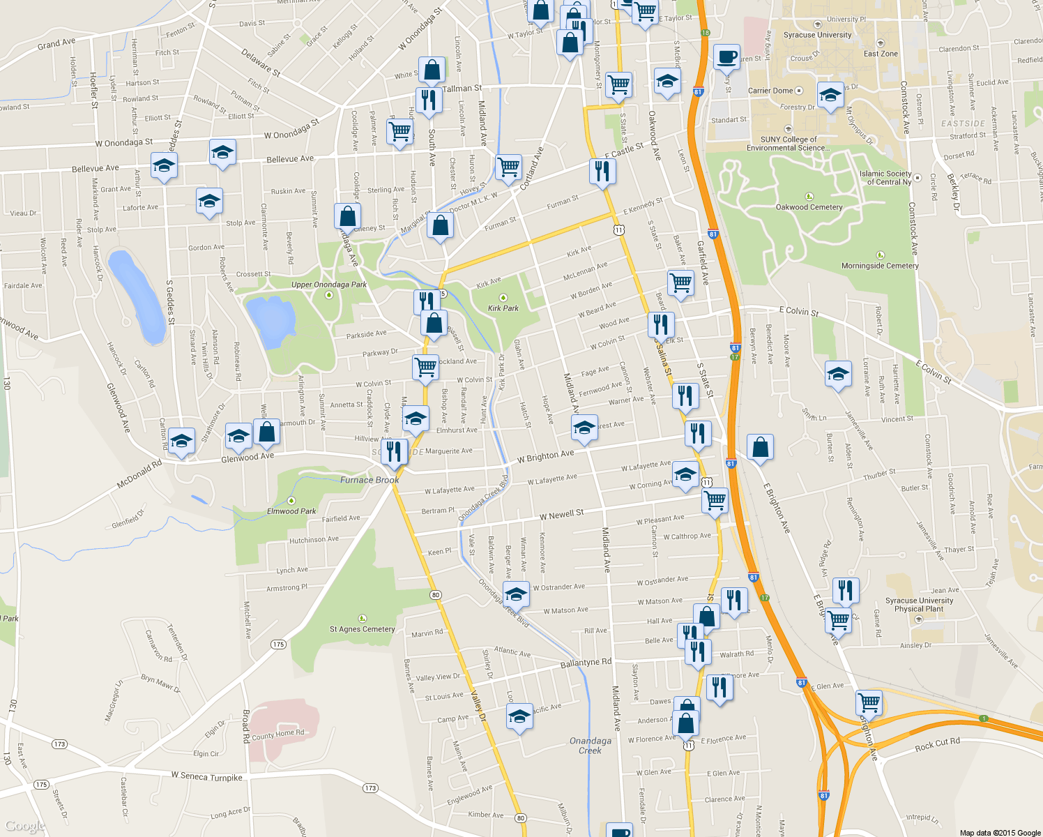 map of restaurants, bars, coffee shops, grocery stores, and more near 134 Hatch St in Syracuse
