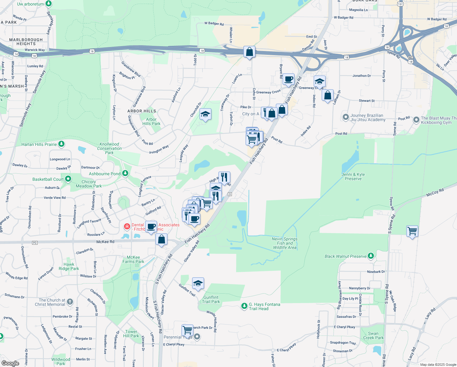 map of restaurants, bars, coffee shops, grocery stores, and more near 2108 High Ridge Trail in Fitchburg