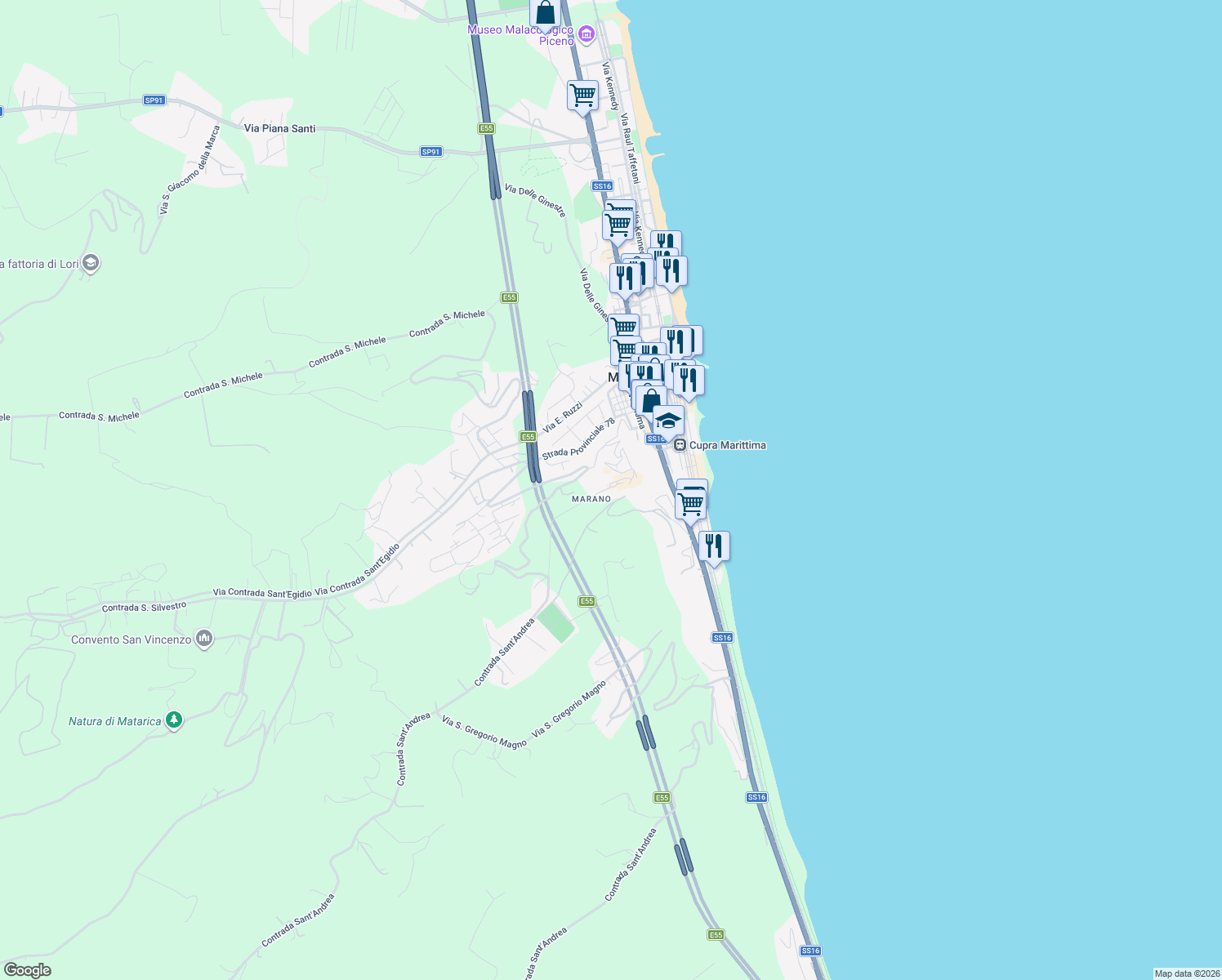 map of restaurants, bars, coffee shops, grocery stores, and more near 6 Via Castello in Provincia di Ascoli Piceno