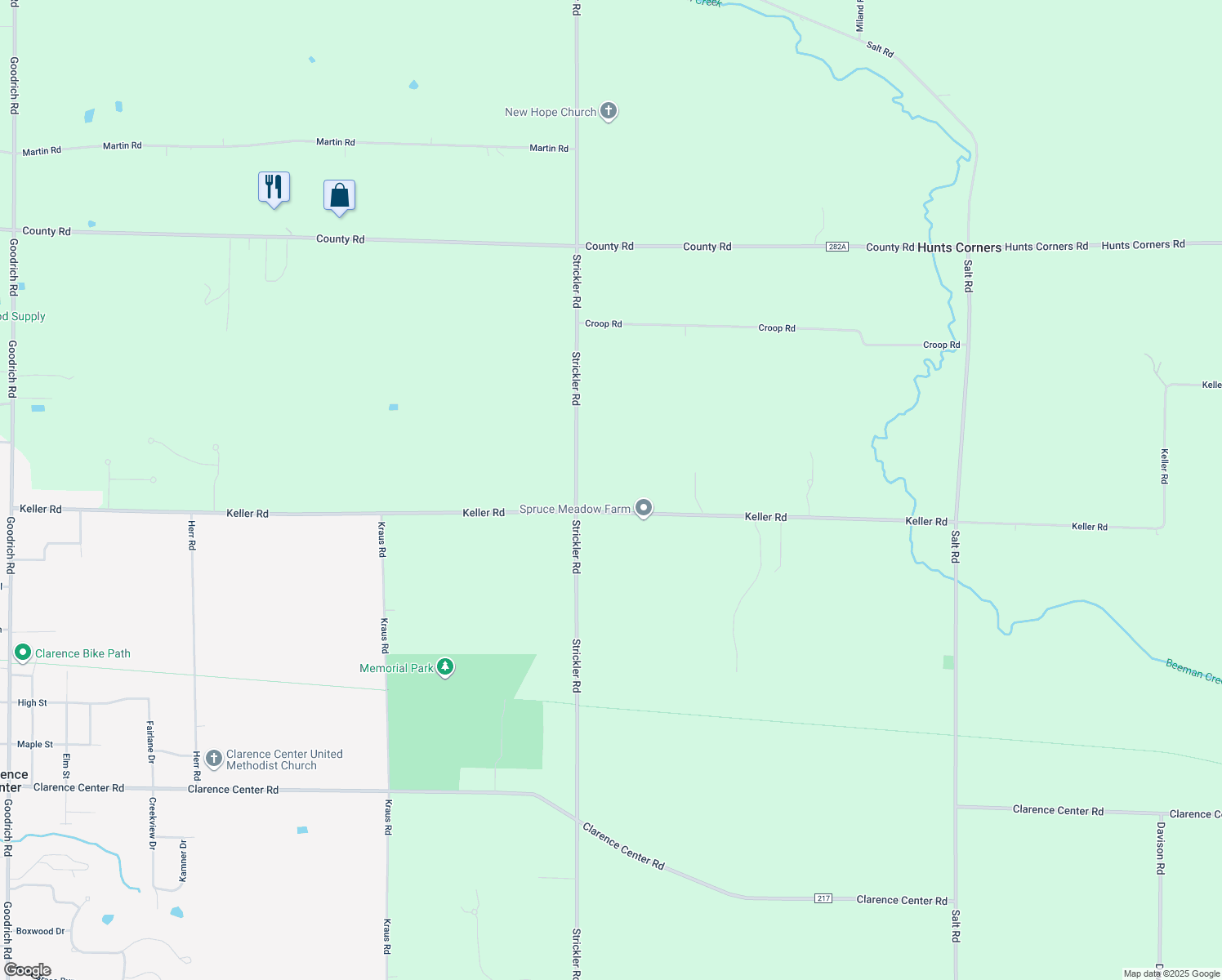 map of restaurants, bars, coffee shops, grocery stores, and more near 10290 Keller Road in Clarence