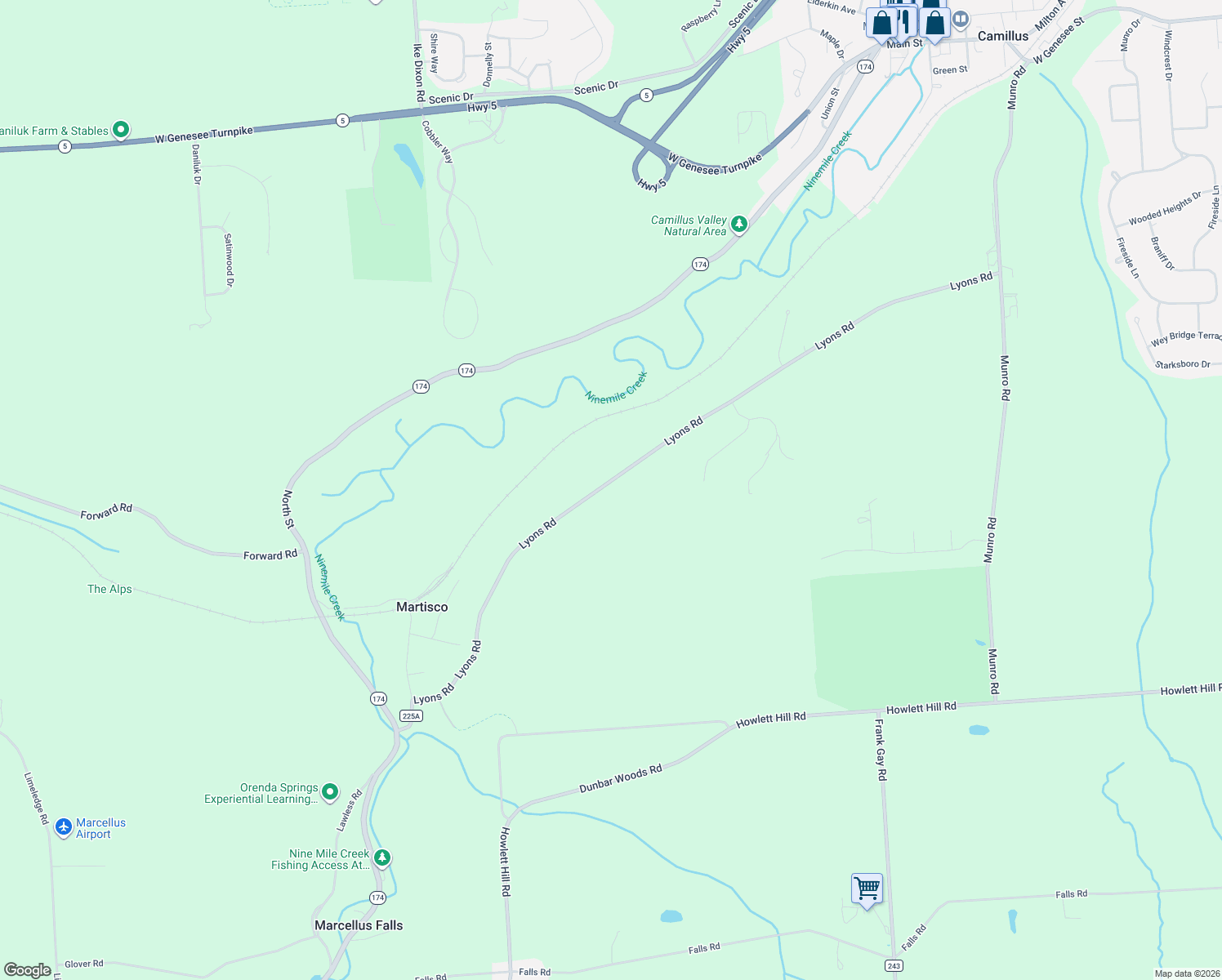 map of restaurants, bars, coffee shops, grocery stores, and more near 2696 Lyons Road in Camillus
