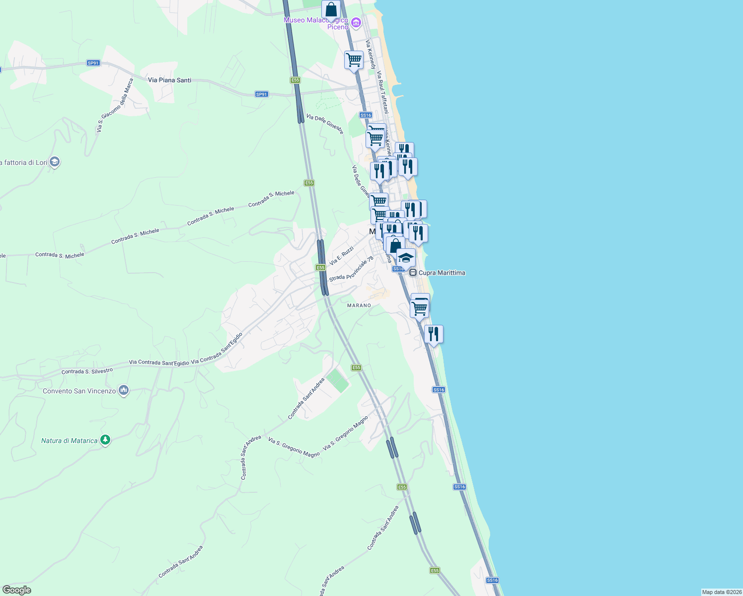 map of restaurants, bars, coffee shops, grocery stores, and more near 6 Via Castello in Provincia di Ascoli Piceno