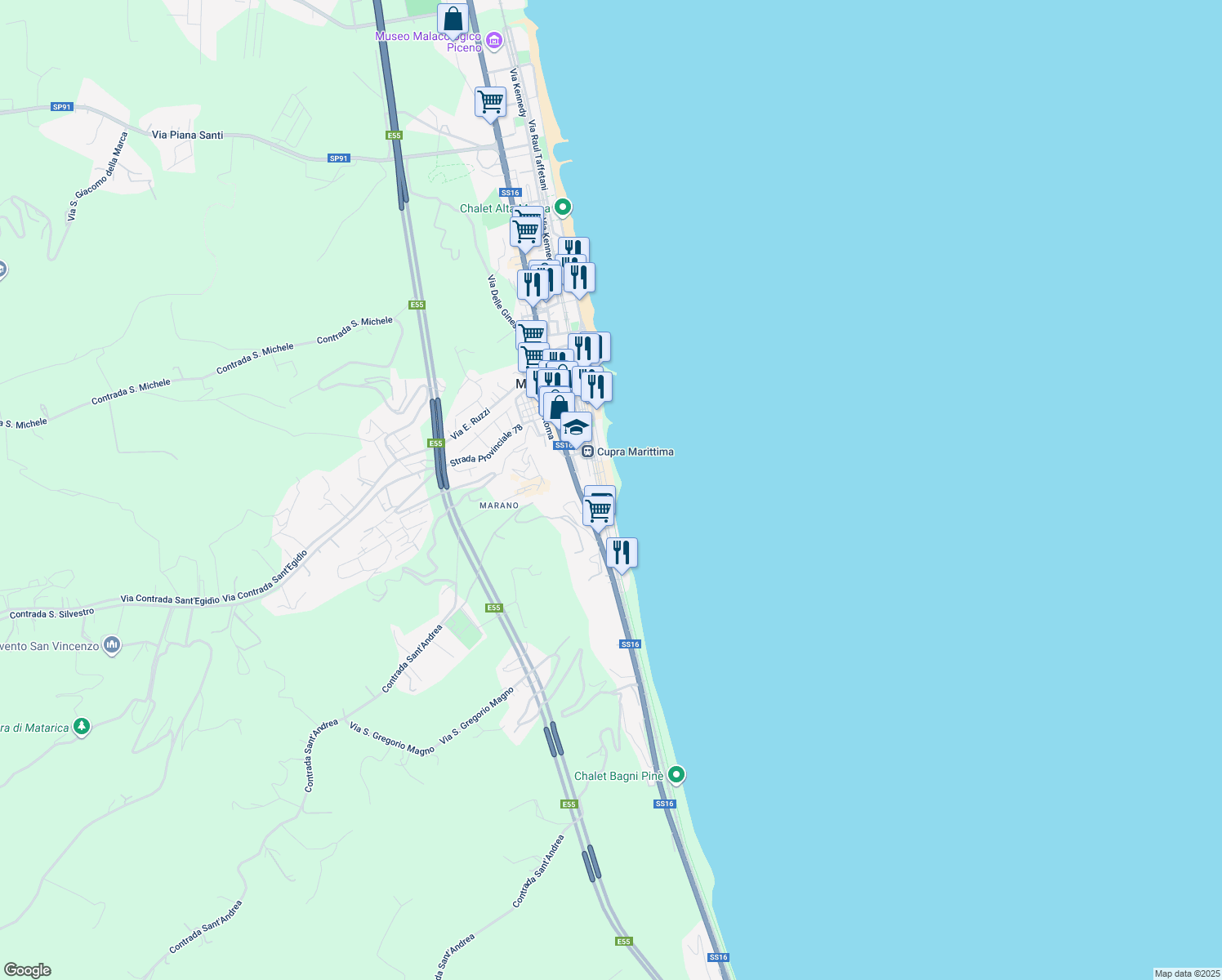 map of restaurants, bars, coffee shops, grocery stores, and more near 31 Corso Vittorio Emanuele in Cupra Marittima