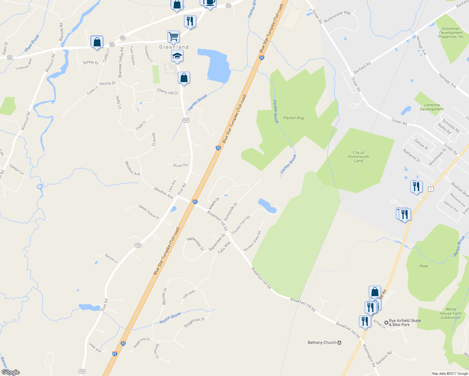map of restaurants, bars, coffee shops, grocery stores, and more near 24 Maple Drive in Greenland