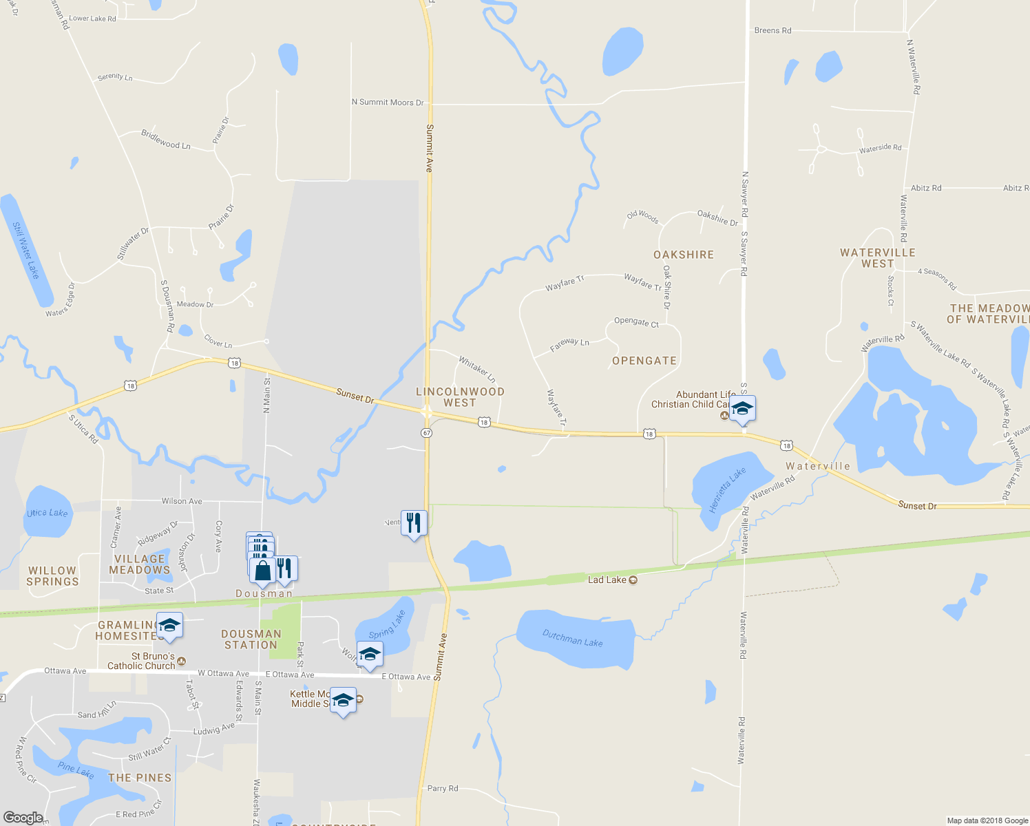 map of restaurants, bars, coffee shops, grocery stores, and more near 35784 Whitaker Lane in Oconomowoc