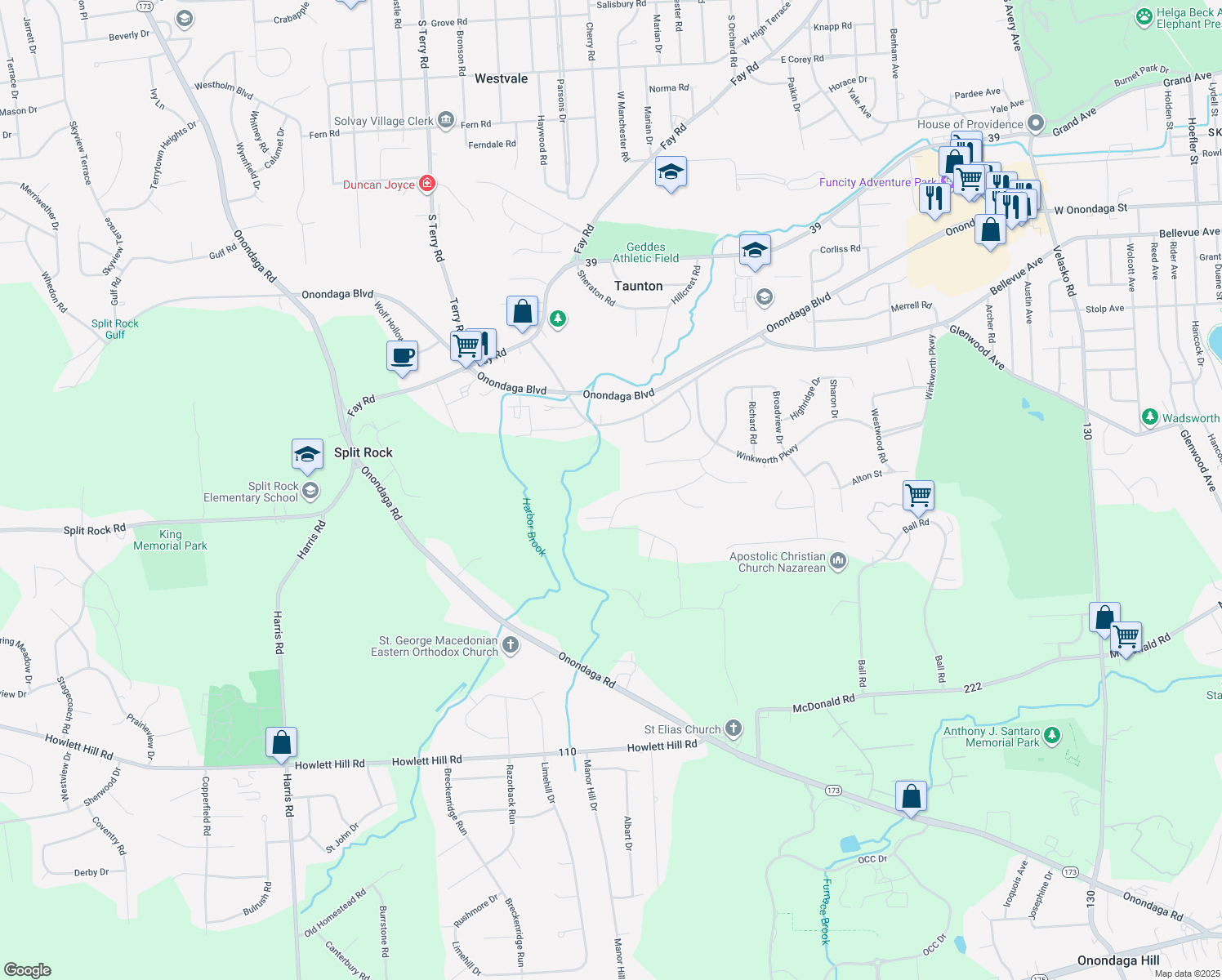 map of restaurants, bars, coffee shops, grocery stores, and more near 4491 Wilderness Way in Syracuse