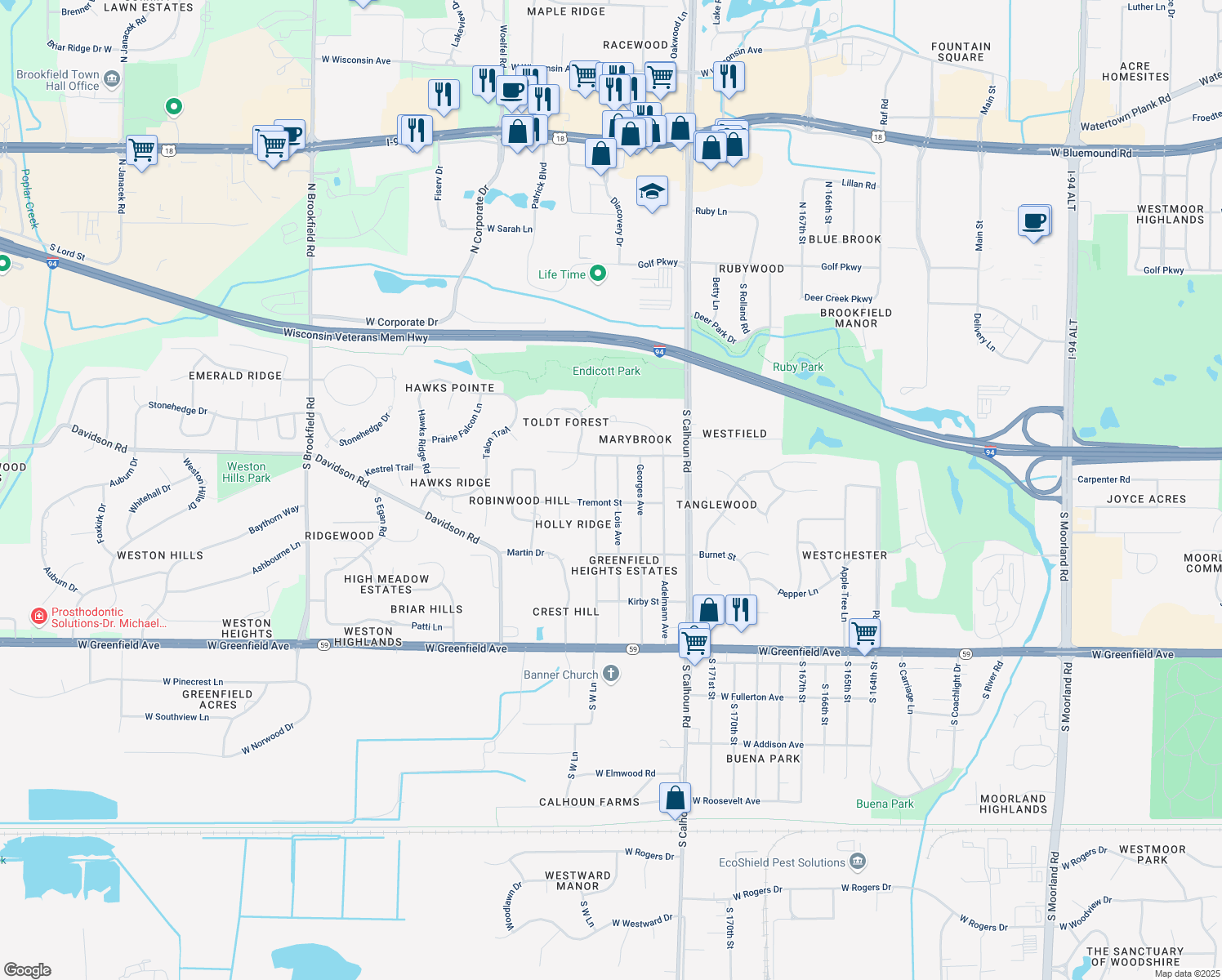 map of restaurants, bars, coffee shops, grocery stores, and more near 825 Lois Avenue in Brookfield