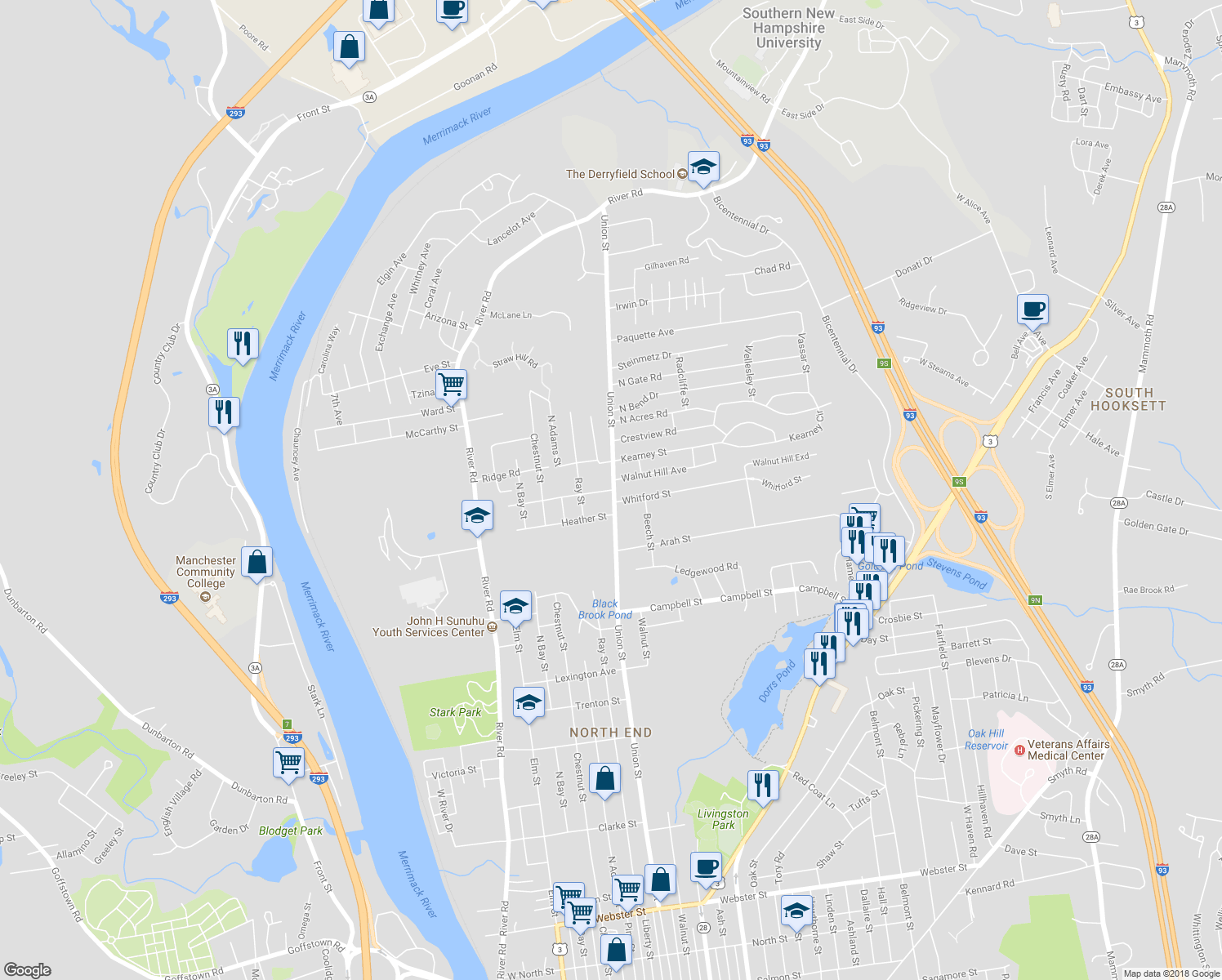 map of restaurants, bars, coffee shops, grocery stores, and more near 240 Pinecrest Road in Manchester
