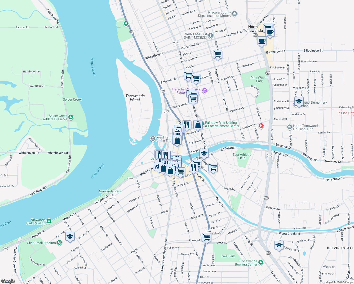 map of restaurants, bars, coffee shops, grocery stores, and more near 62 Webster Street in North Tonawanda