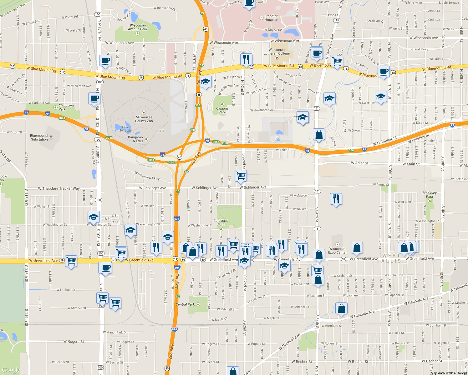 map of restaurants, bars, coffee shops, grocery stores, and more near S 93rd St & W Schlinger Ave in West Allis