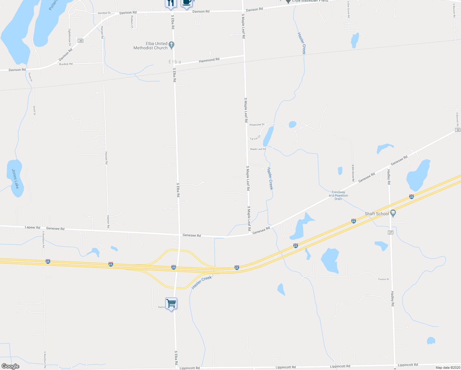 map of restaurants, bars, coffee shops, grocery stores, and more near 672 South Maple Leaf Road in Lapeer