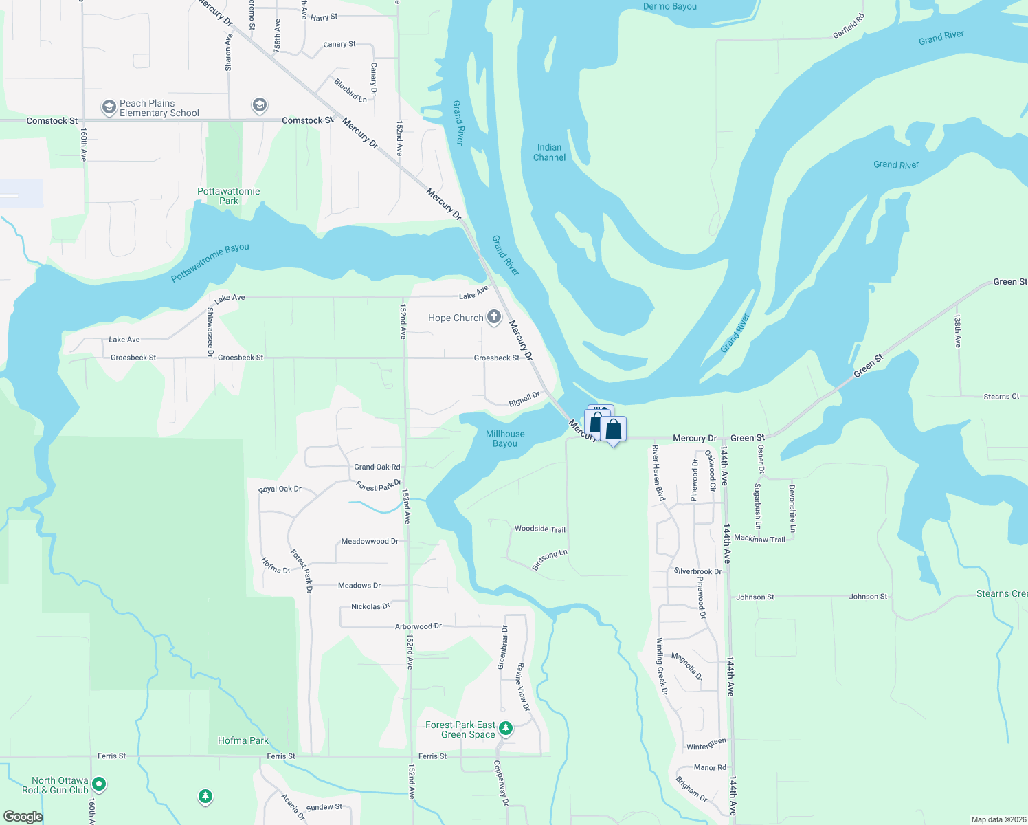 map of restaurants, bars, coffee shops, grocery stores, and more near 14946 Bignell Drive in Grand Haven