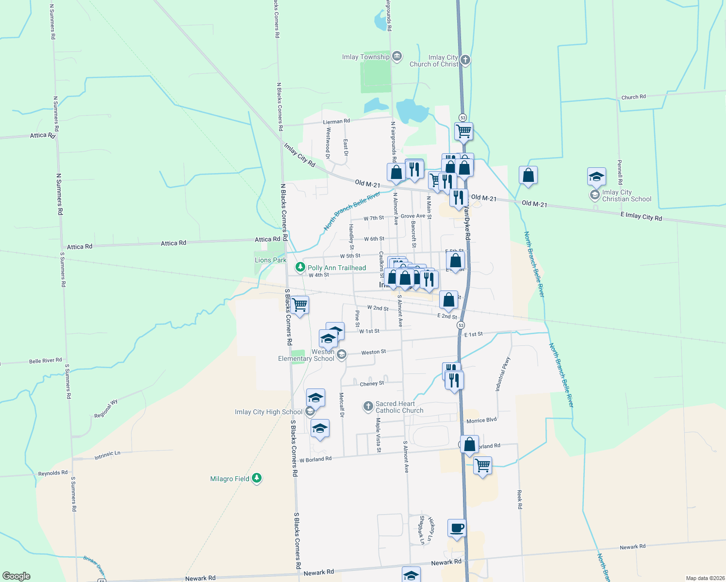 map of restaurants, bars, coffee shops, grocery stores, and more near 270 West 3rd Street in Imlay City