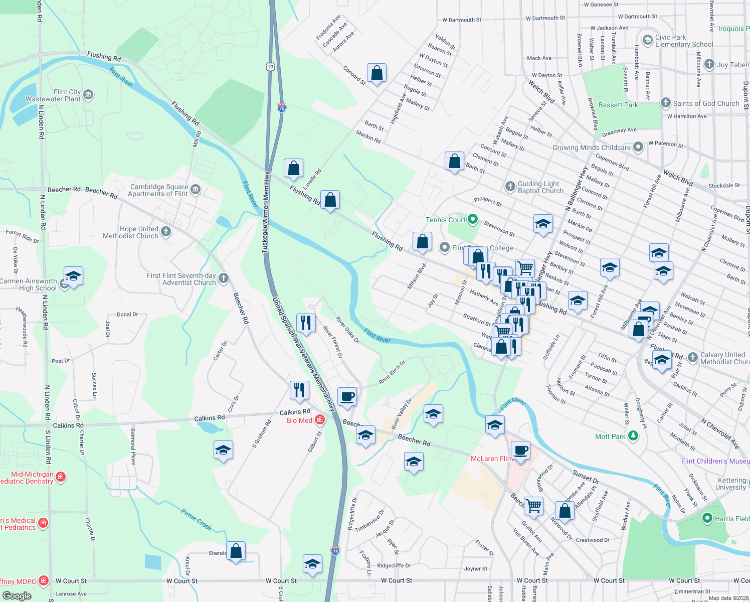 map of restaurants, bars, coffee shops, grocery stores, and more near 3374 Kissner Ave in Flint Township