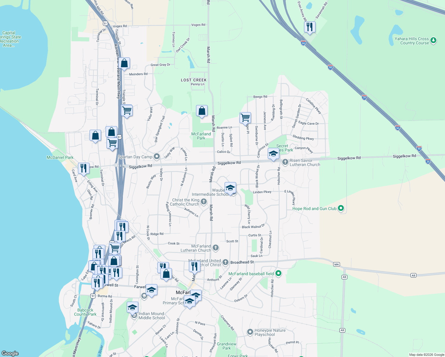 map of restaurants, bars, coffee shops, grocery stores, and more near 5112 Leanne Lane in McFarland