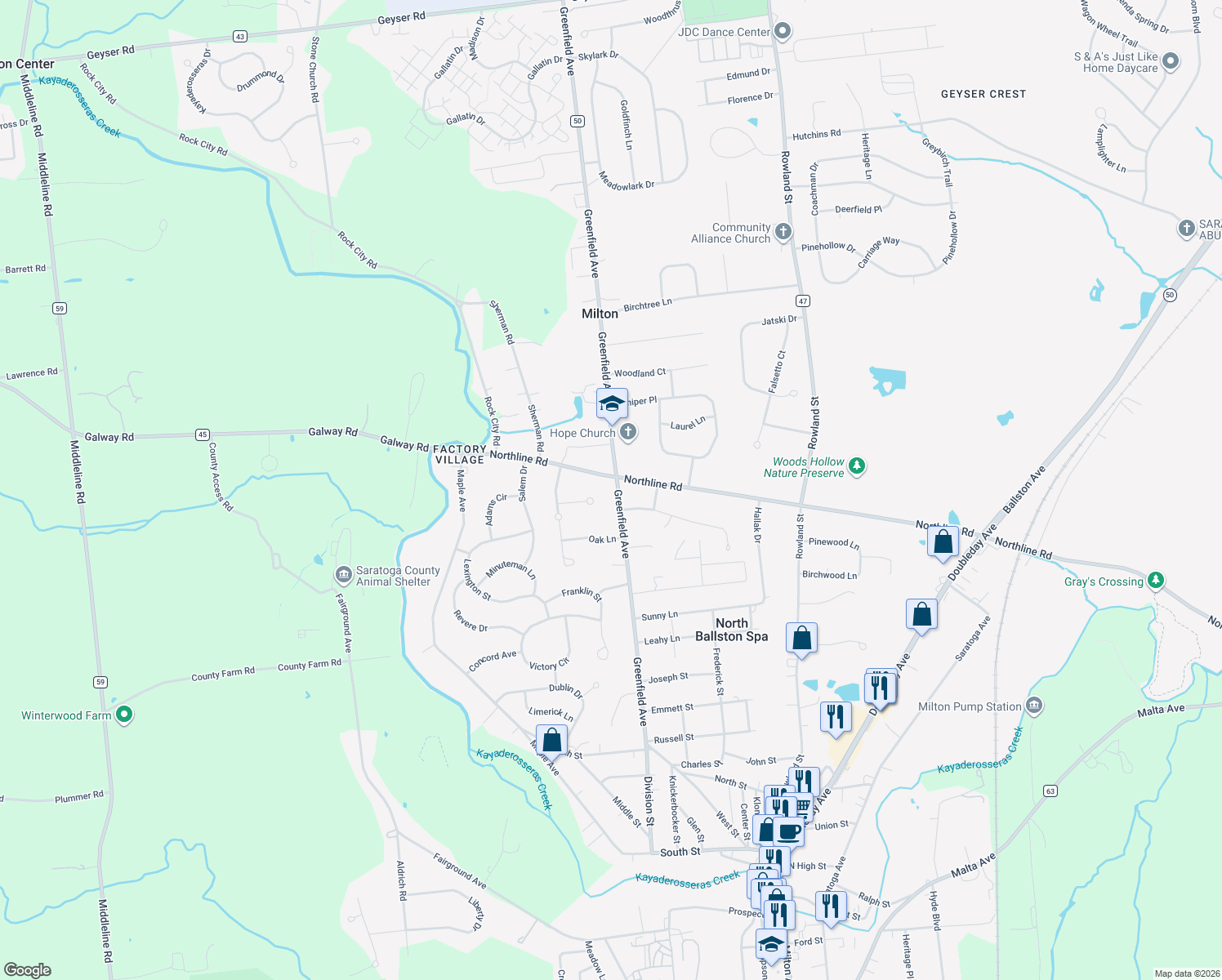 map of restaurants, bars, coffee shops, grocery stores, and more near 103 Greenfield Ave in Ballston Spa