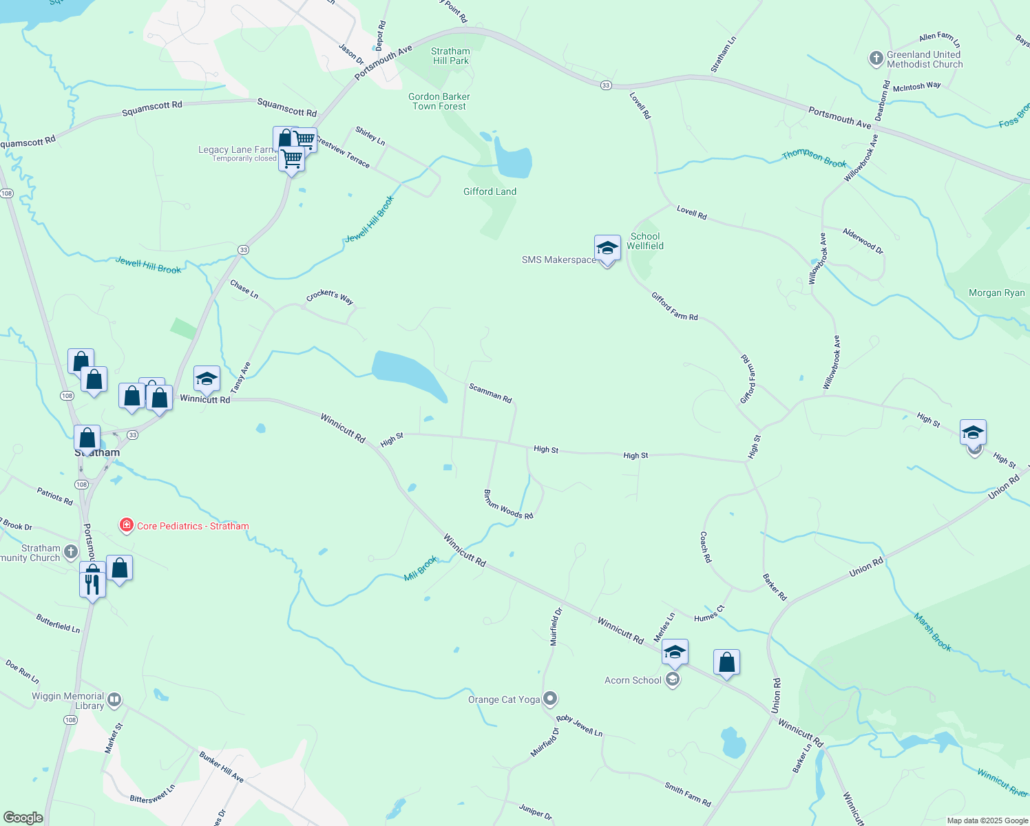 map of restaurants, bars, coffee shops, grocery stores, and more near 10 Scamman Road in Stratham