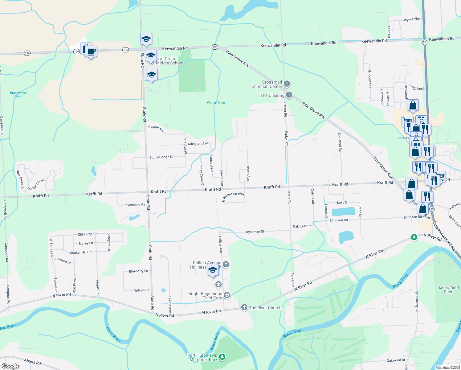 map of restaurants, bars, coffee shops, grocery stores, and more near 3694 Krafft Road in Fort Gratiot Township