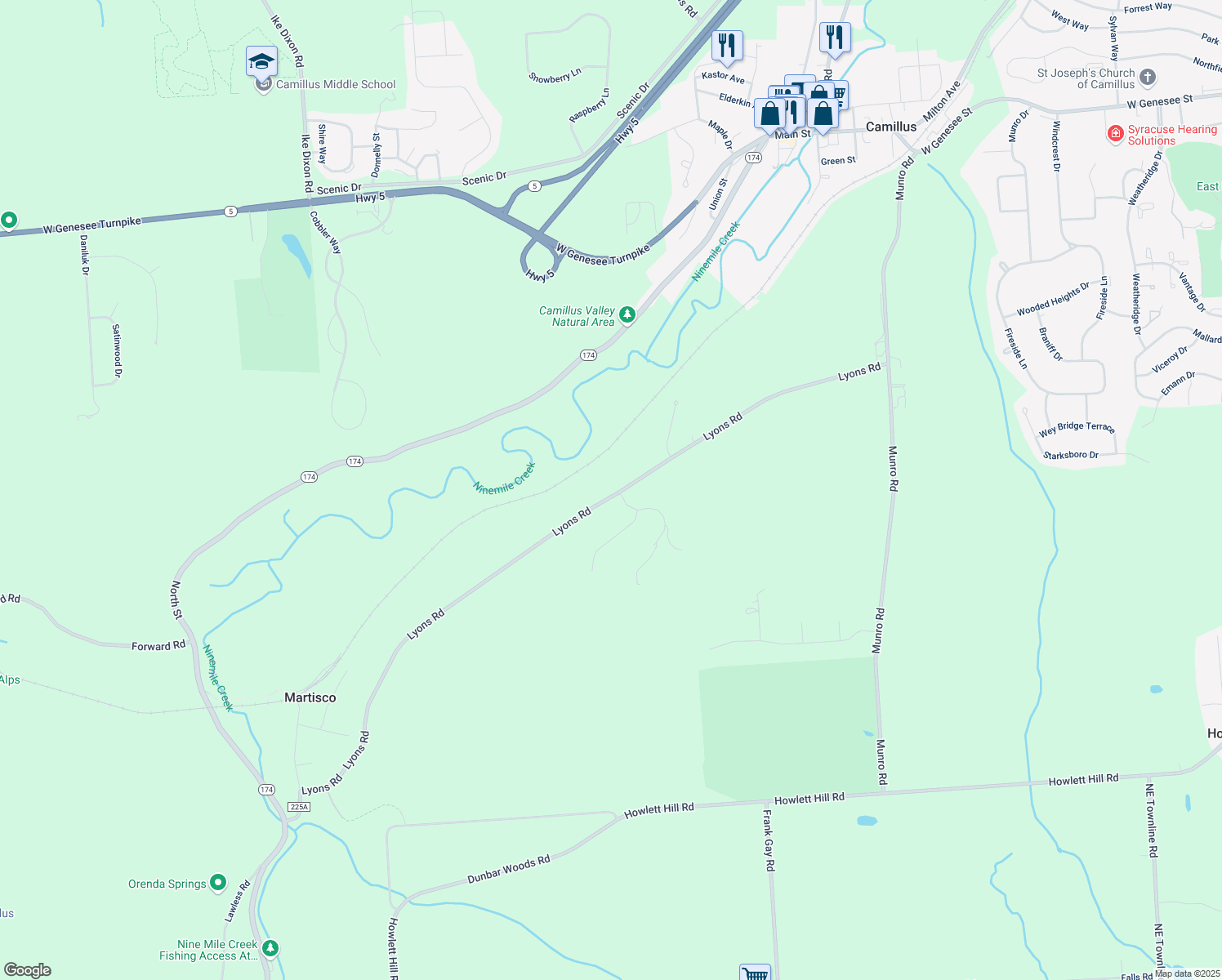 map of restaurants, bars, coffee shops, grocery stores, and more near 2777 Lyons Road in Camillus