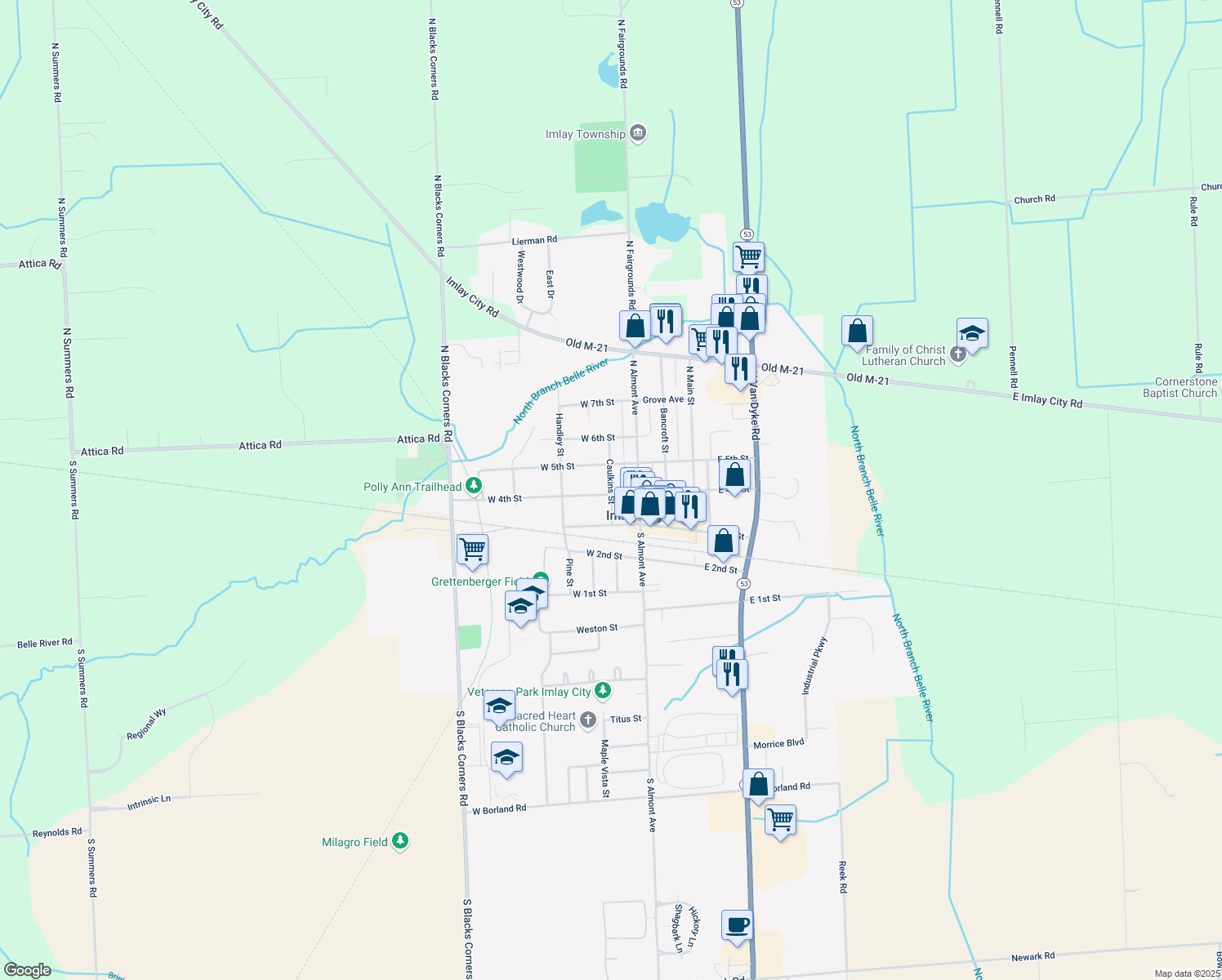 map of restaurants, bars, coffee shops, grocery stores, and more near 215 Caulkins Street in Imlay City
