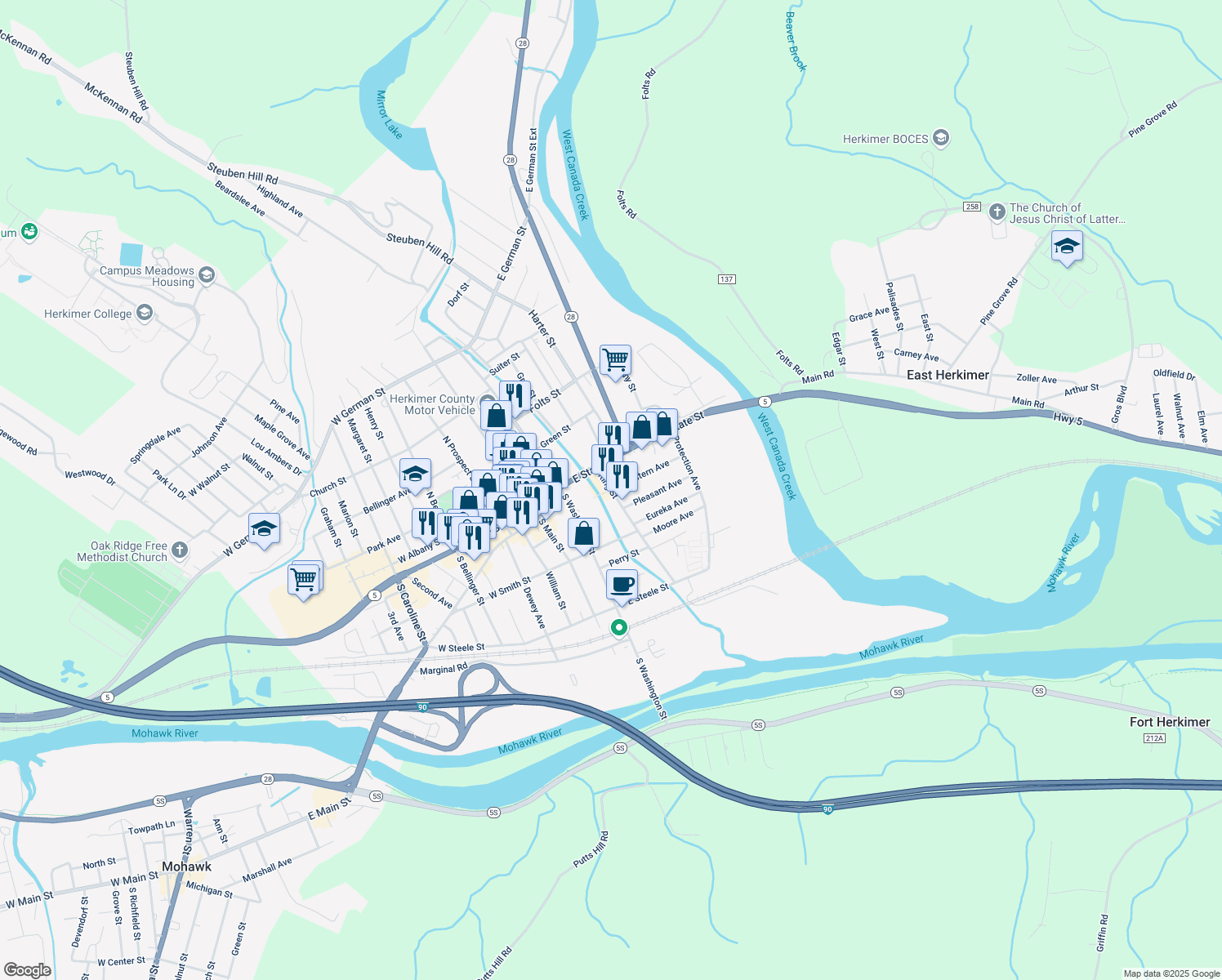 map of restaurants, bars, coffee shops, grocery stores, and more near King Street & Eastern Avenue in Herkimer
