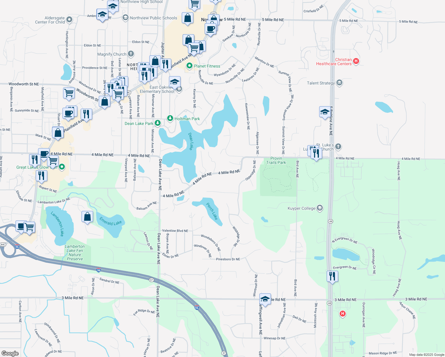 map of restaurants, bars, coffee shops, grocery stores, and more near 2550 East Beltline Avenue Northeast in Grand Rapids