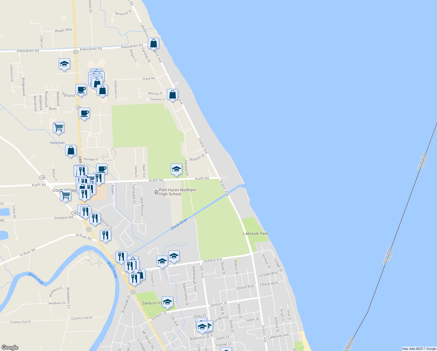 map of restaurants, bars, coffee shops, grocery stores, and more near 4006 Gratiot Avenue in Port Huron