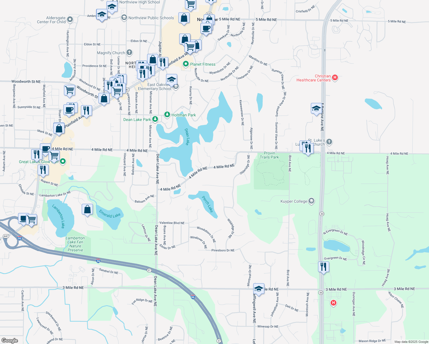 map of restaurants, bars, coffee shops, grocery stores, and more near 2550 4 Mile Road Northeast in Grand Rapids