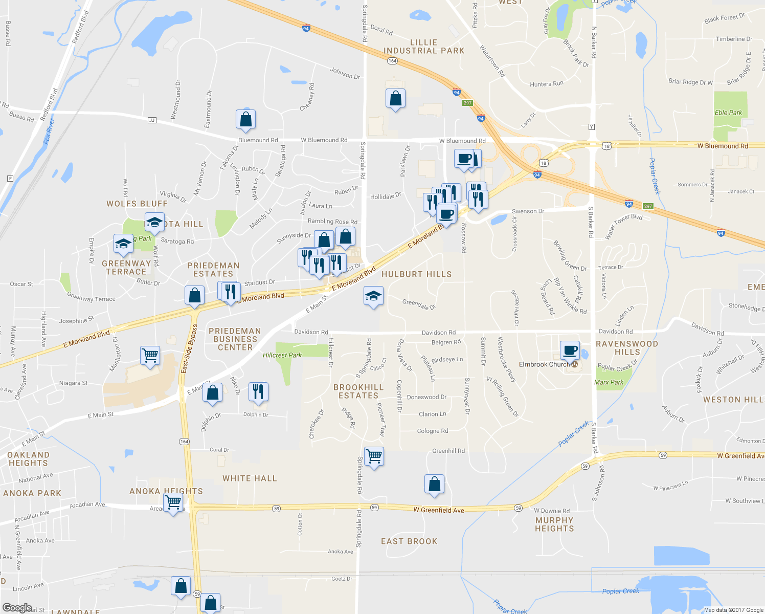 map of restaurants, bars, coffee shops, grocery stores, and more near 545 Hillcrest Drive in Waukesha