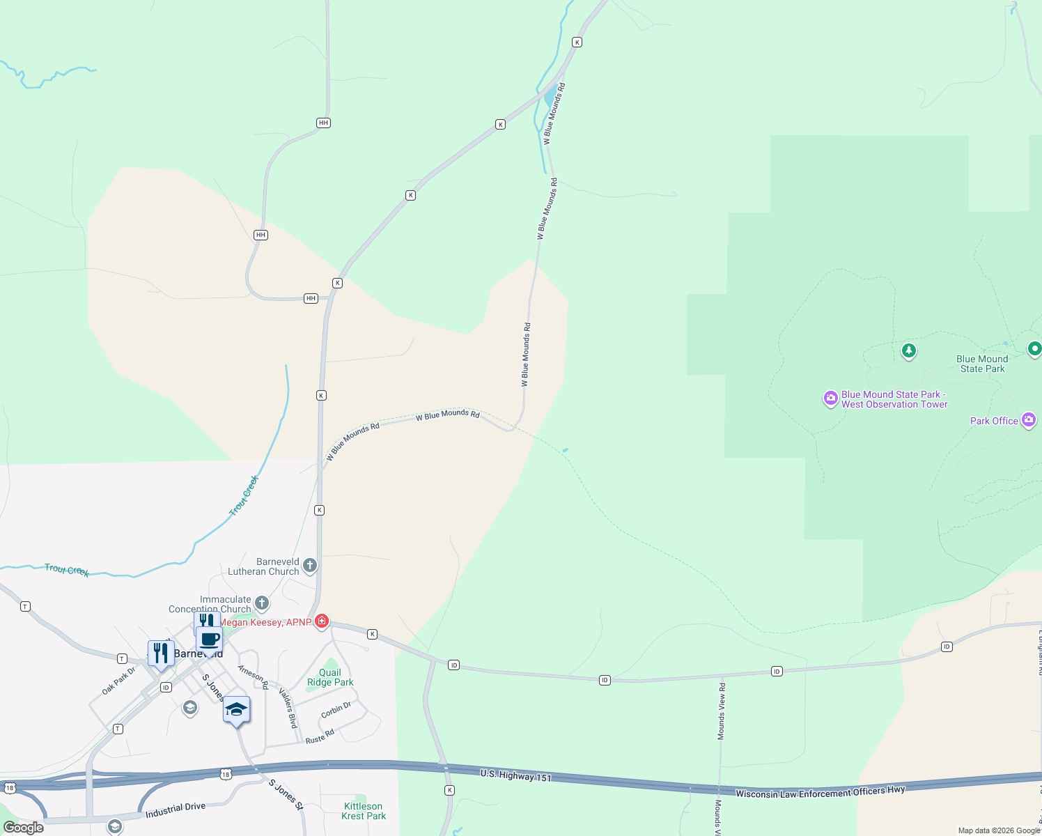 map of restaurants, bars, coffee shops, grocery stores, and more near 3361 West Blue Mounds Road in Blue Mounds