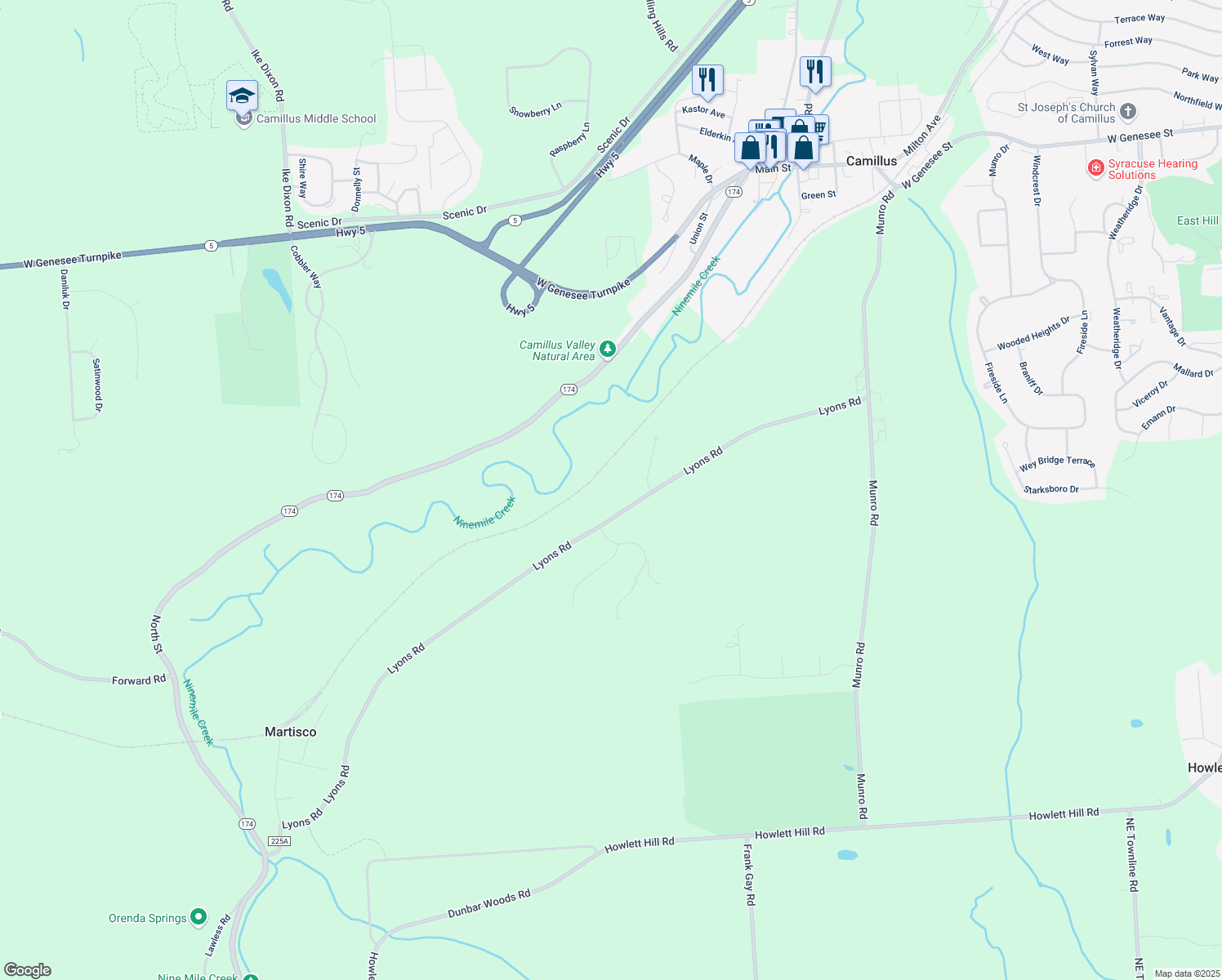 map of restaurants, bars, coffee shops, grocery stores, and more near 2777 Lyons Road in Camillus