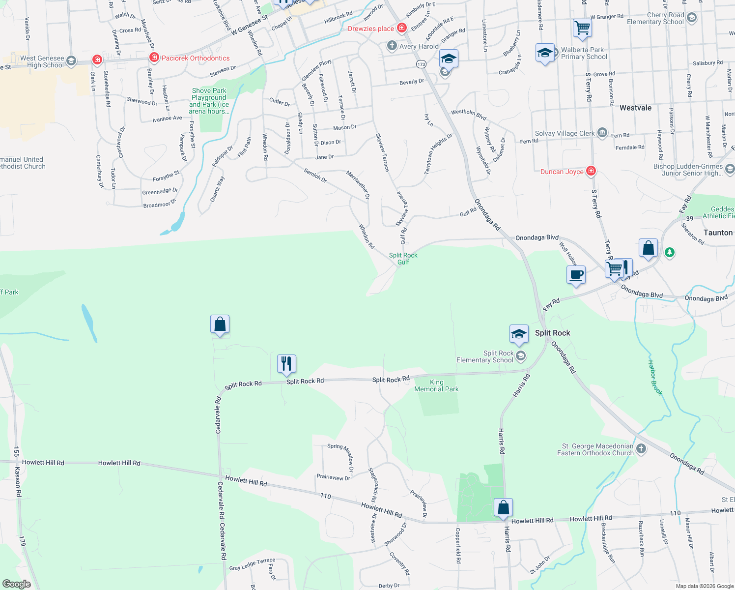 map of restaurants, bars, coffee shops, grocery stores, and more near 3961 Onondaga Boulevard in Camillus