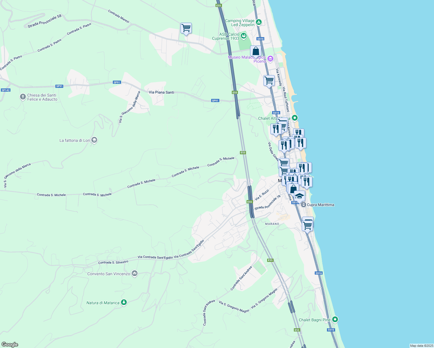 map of restaurants, bars, coffee shops, grocery stores, and more near 5 Via del Lavoro in Provincia di Ascoli Piceno