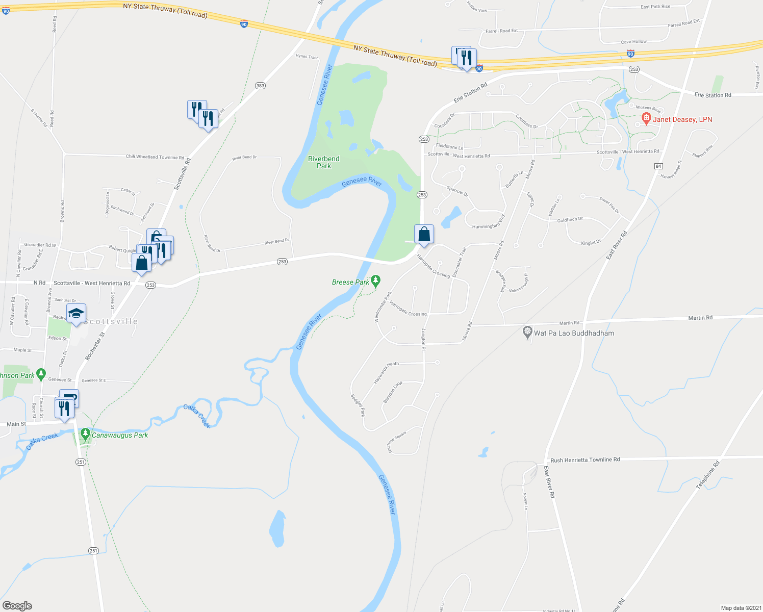 map of restaurants, bars, coffee shops, grocery stores, and more near 165 Westcombe Park in West Henrietta