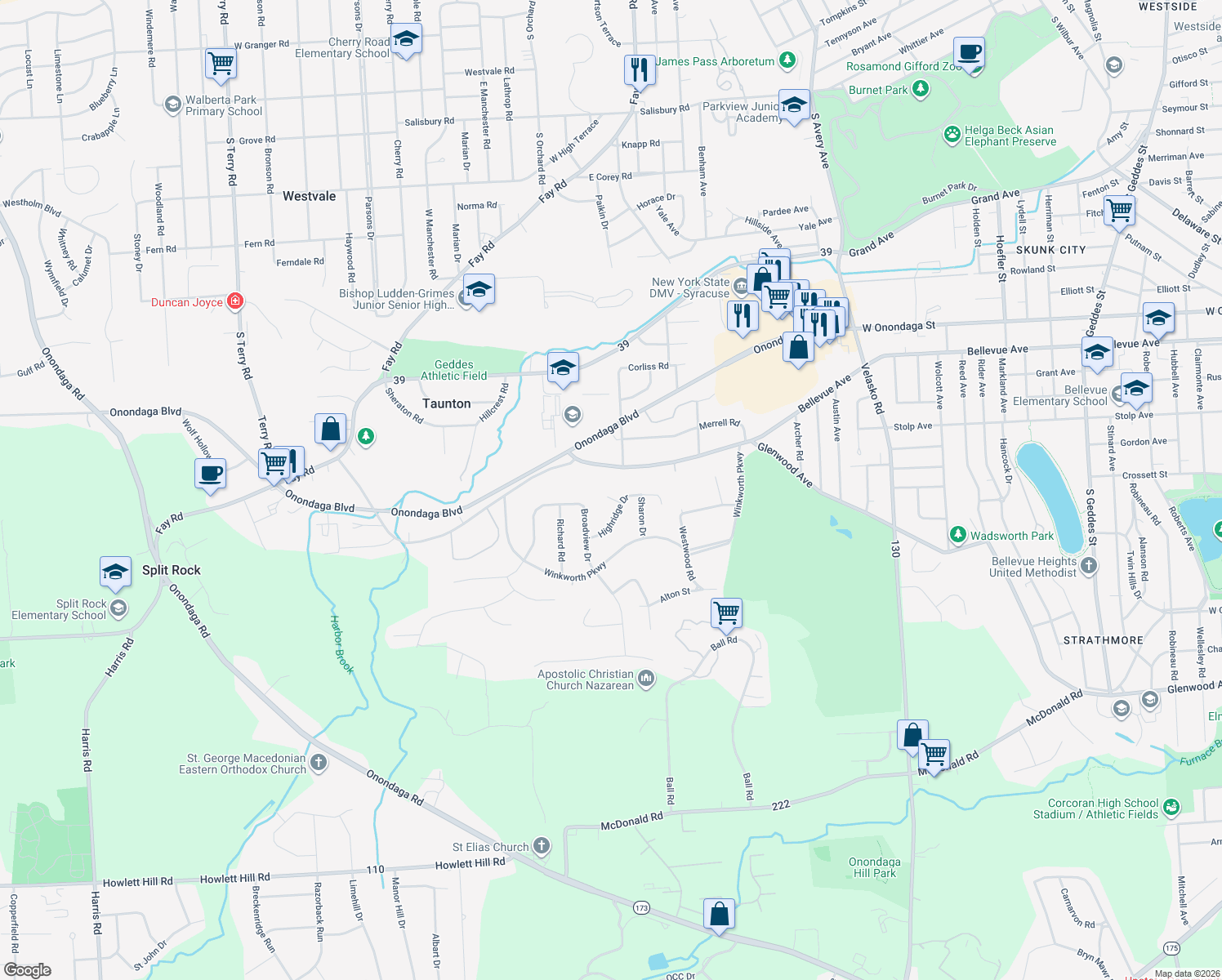 map of restaurants, bars, coffee shops, grocery stores, and more near 100 Highridge Place in Syracuse