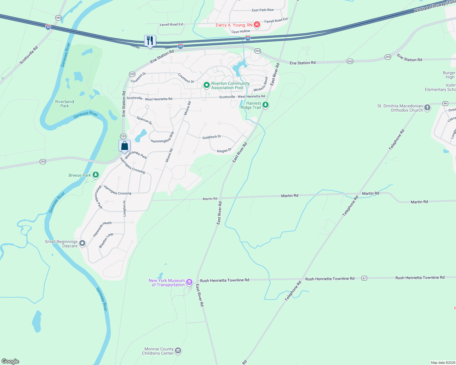 map of restaurants, bars, coffee shops, grocery stores, and more near 5870 E River Rd in West Henrietta