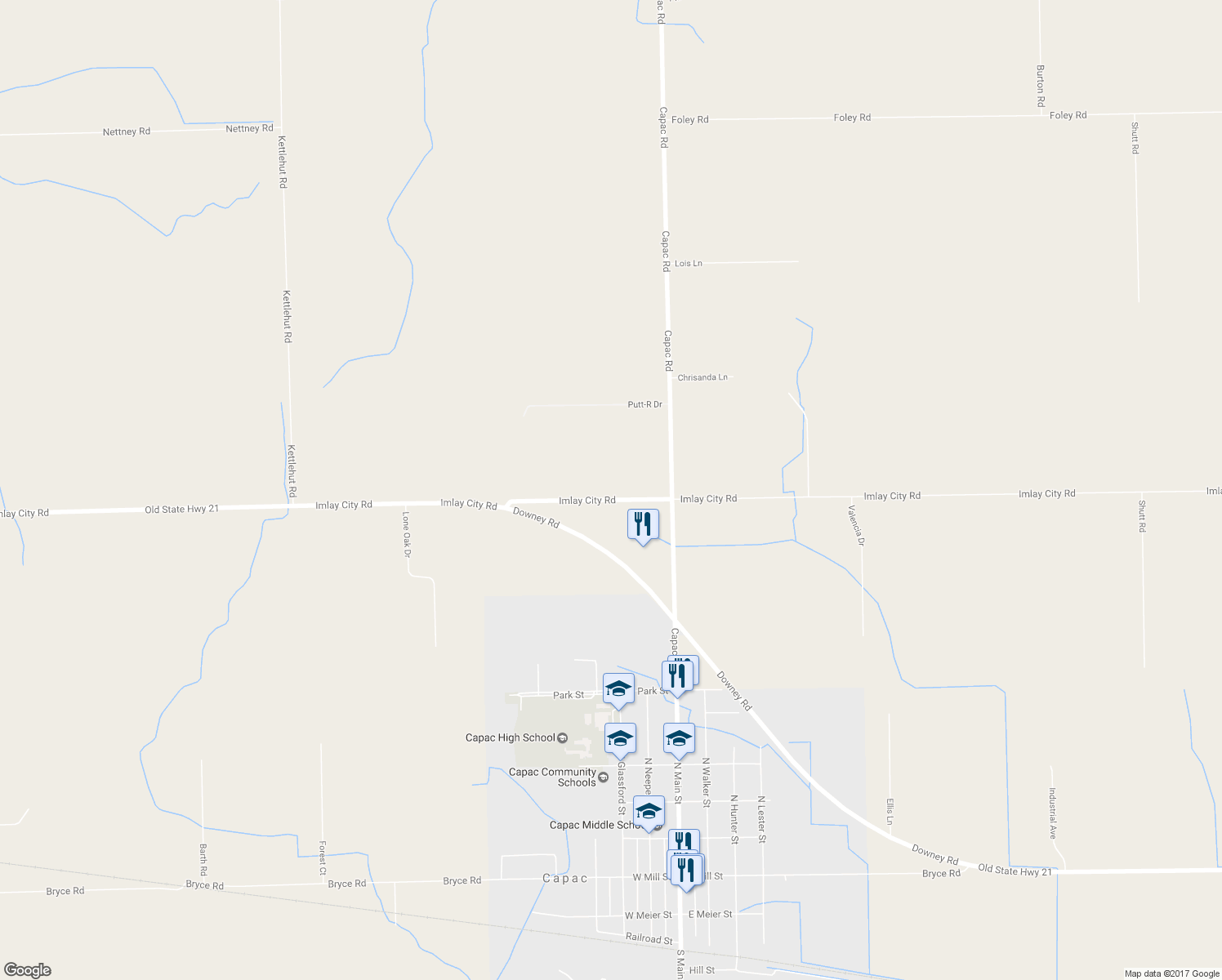 map of restaurants, bars, coffee shops, grocery stores, and more near 15072 Imlay City Road in Capac