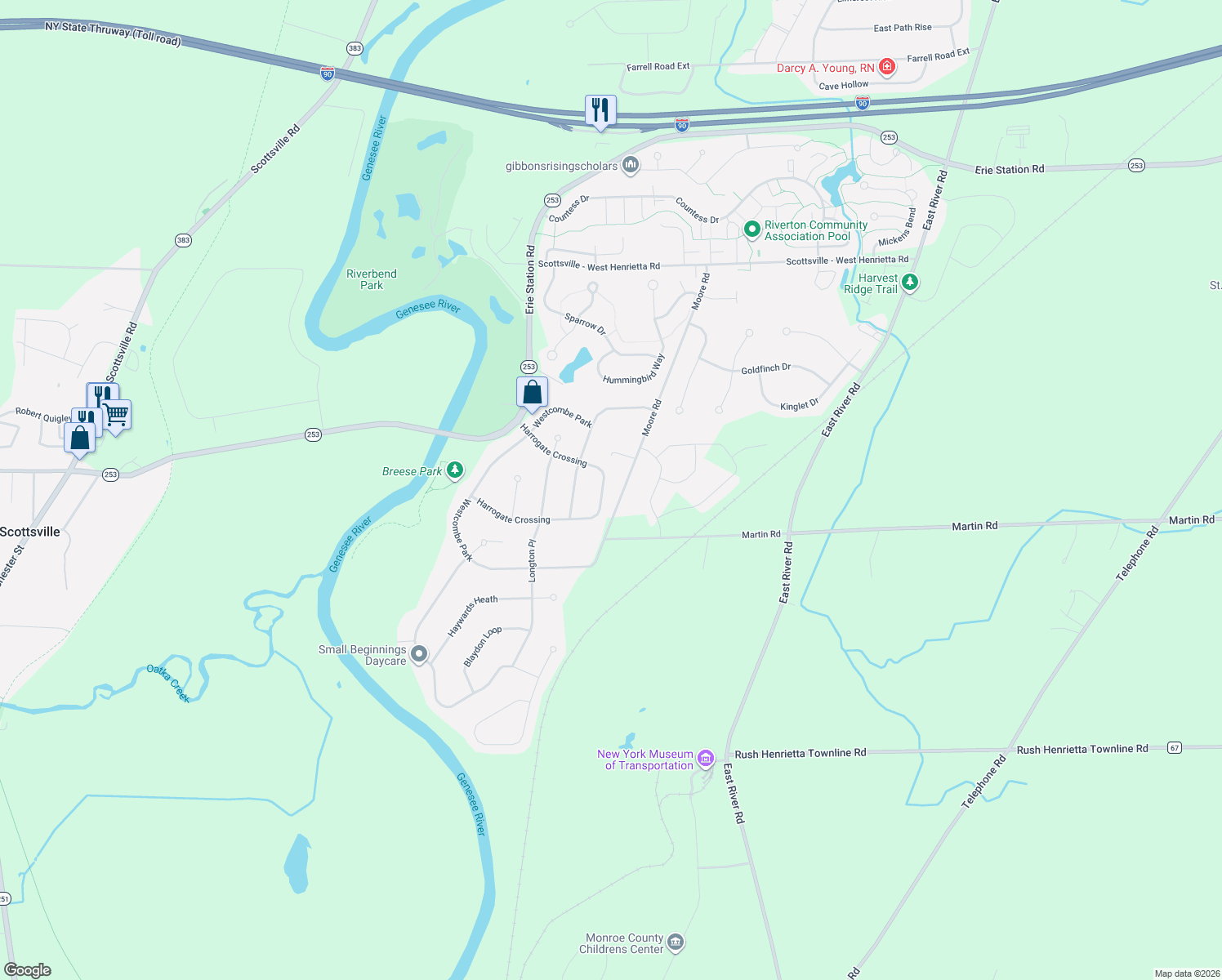 map of restaurants, bars, coffee shops, grocery stores, and more near 71 Harrogate Crossing in West Henrietta