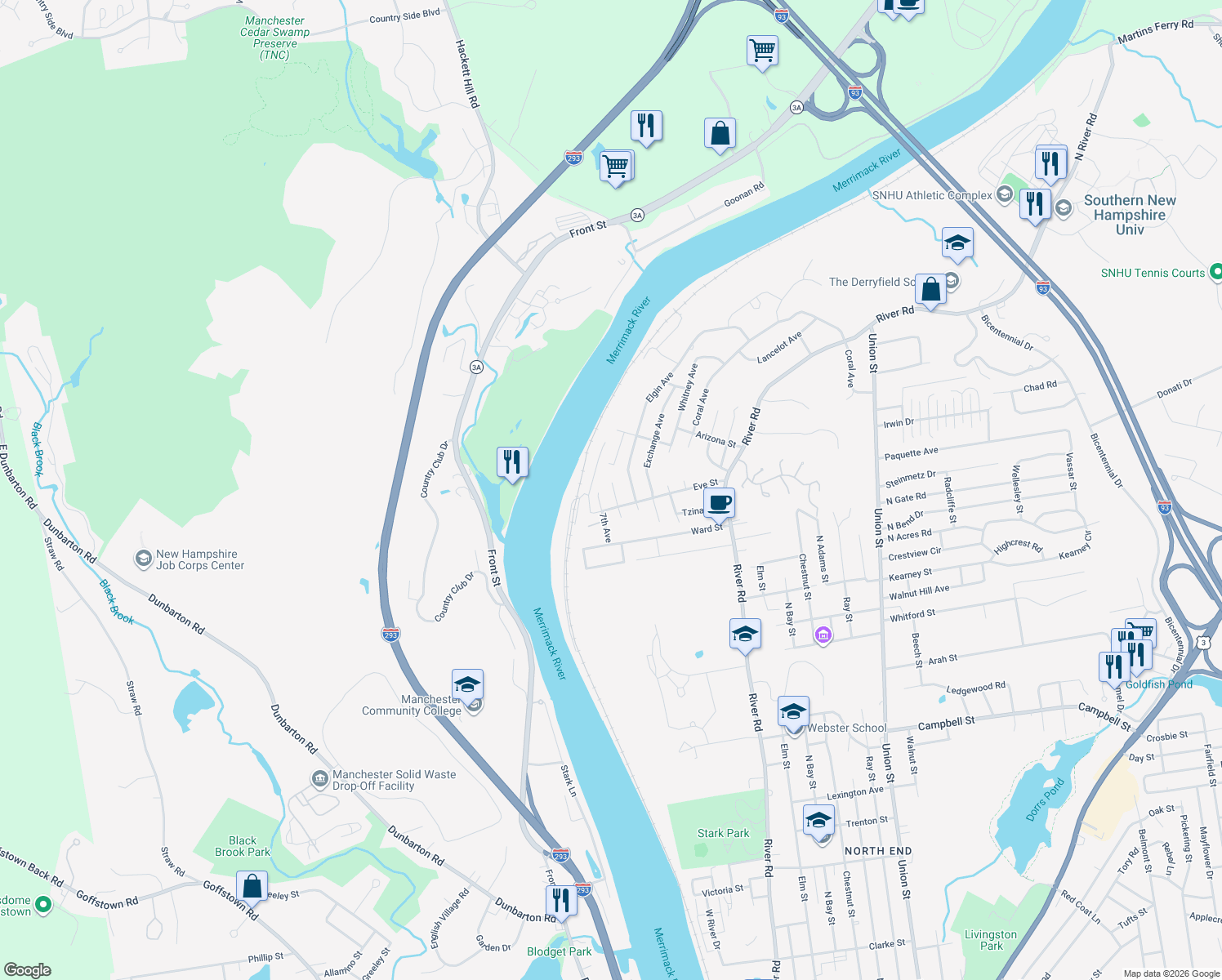 map of restaurants, bars, coffee shops, grocery stores, and more near 92 6th Avenue in Manchester