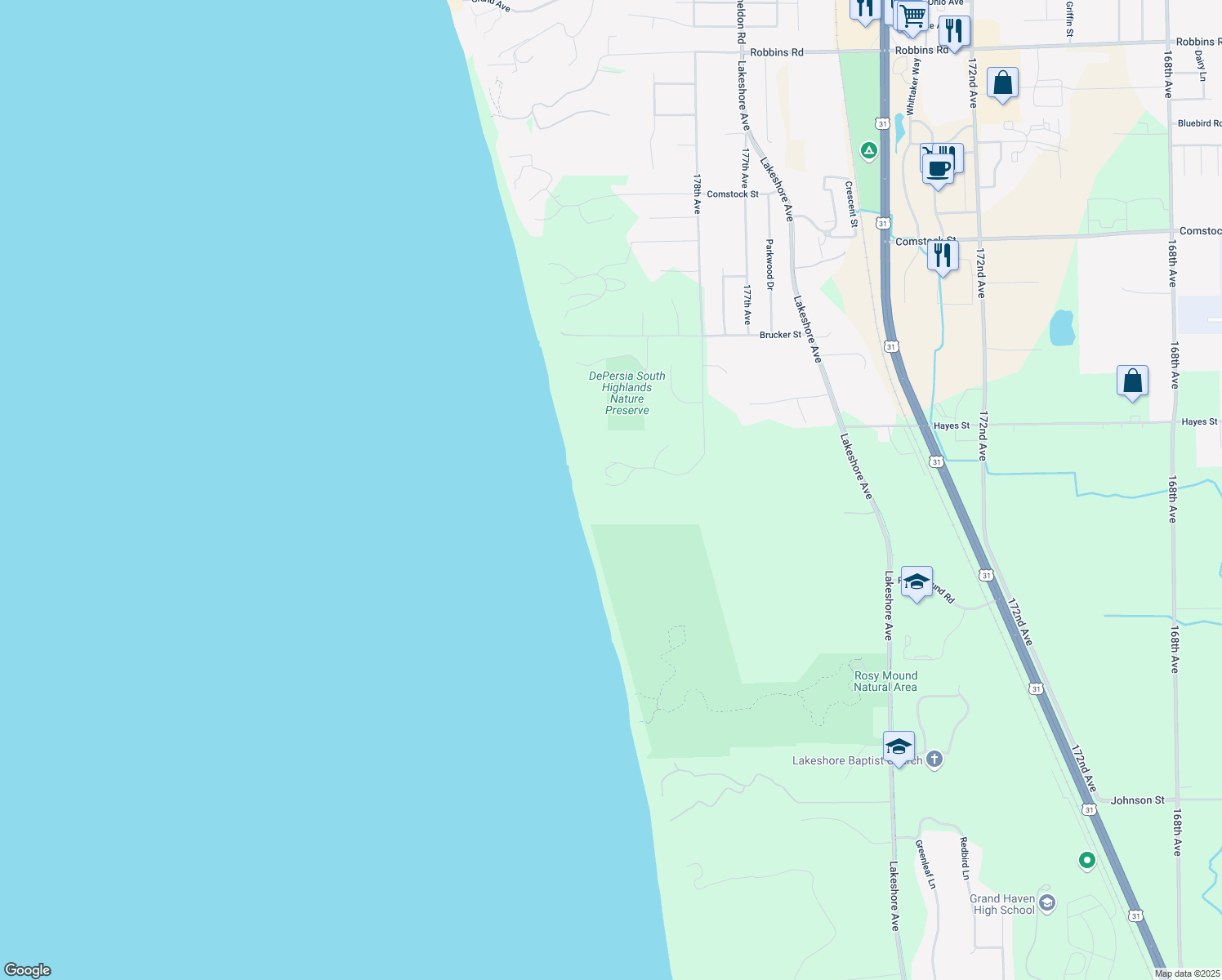 map of restaurants, bars, coffee shops, grocery stores, and more near 14235 Terry Trail in Grand Haven