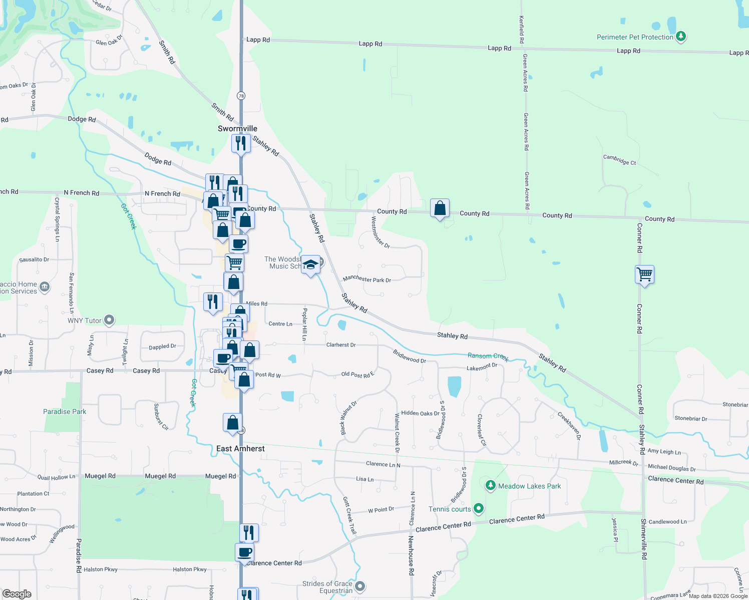 map of restaurants, bars, coffee shops, grocery stores, and more near 8309 Parliament Cir in East Amherst
